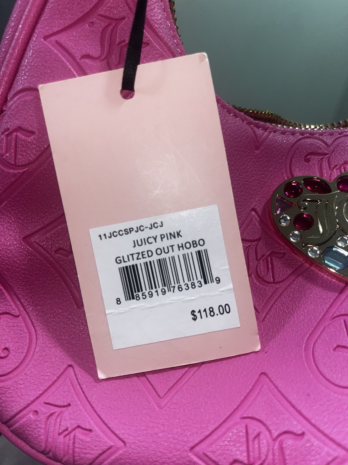 Juicy Couture Pink Embossed Logo Hobo Shoulder Bag Rhinestone Heart Charm Zip