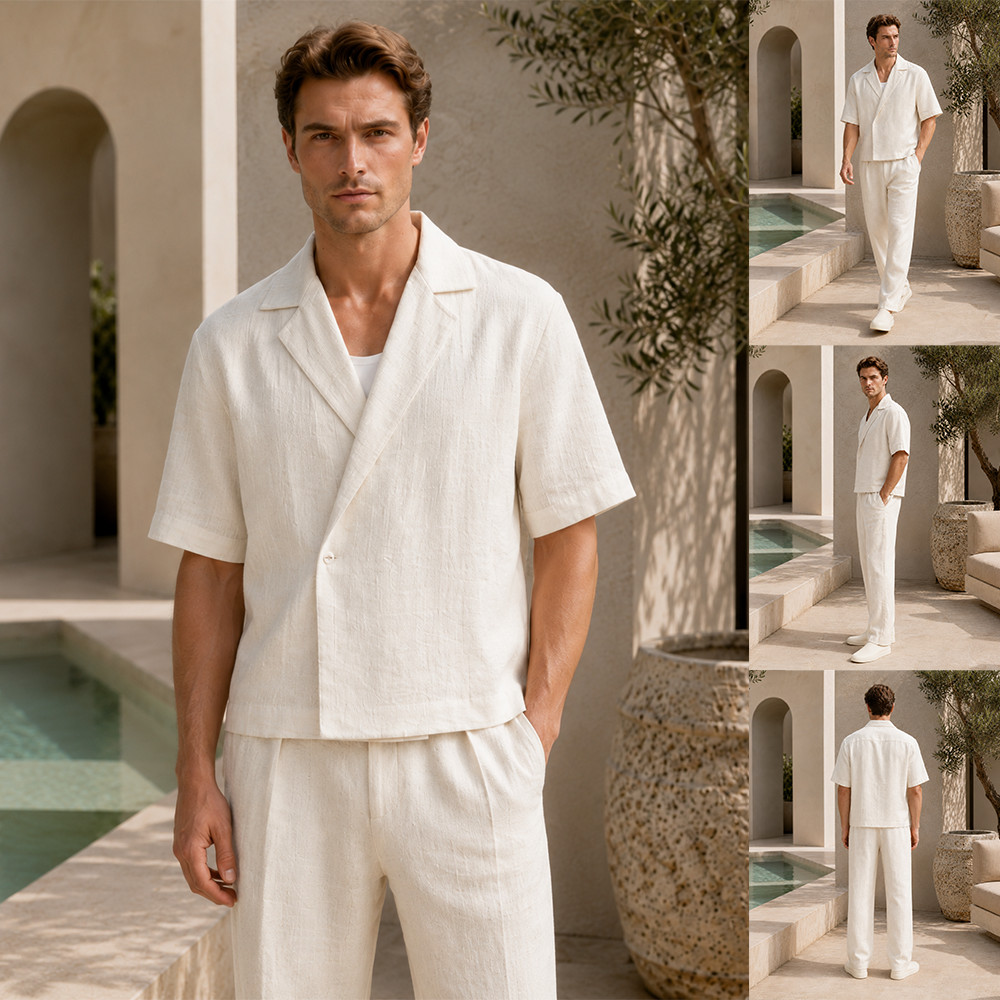 Mens Ivory Linen Short Sleeve Shirt Pants Beach Resort Wedding 2pc Set