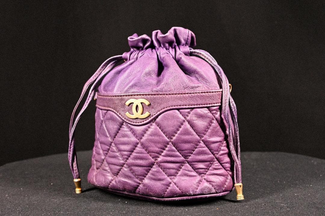 CHANEL Lambskin Matelass Turn Lock Drawstring Chain Backpack Purple Auth