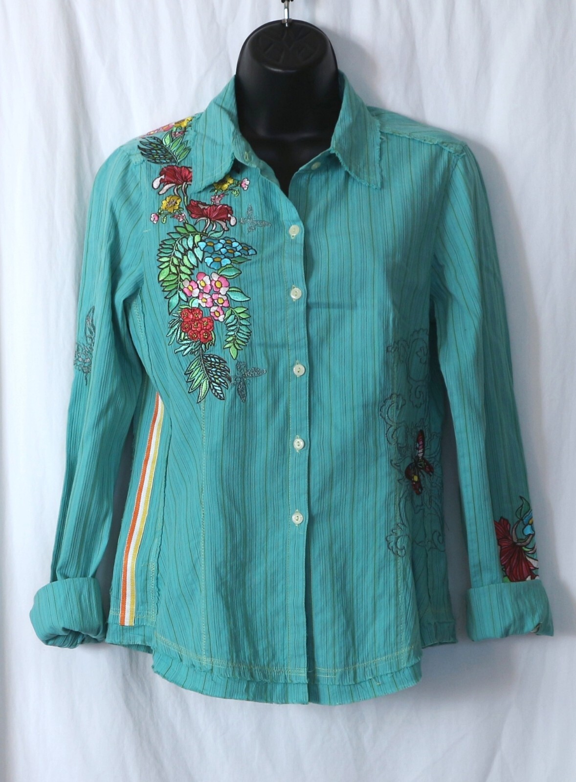 3 J WORKSHOP JOHNNY WAS Blue Embr Ctn Blse 36 In Chest 24.5 In Long Sz S EXC