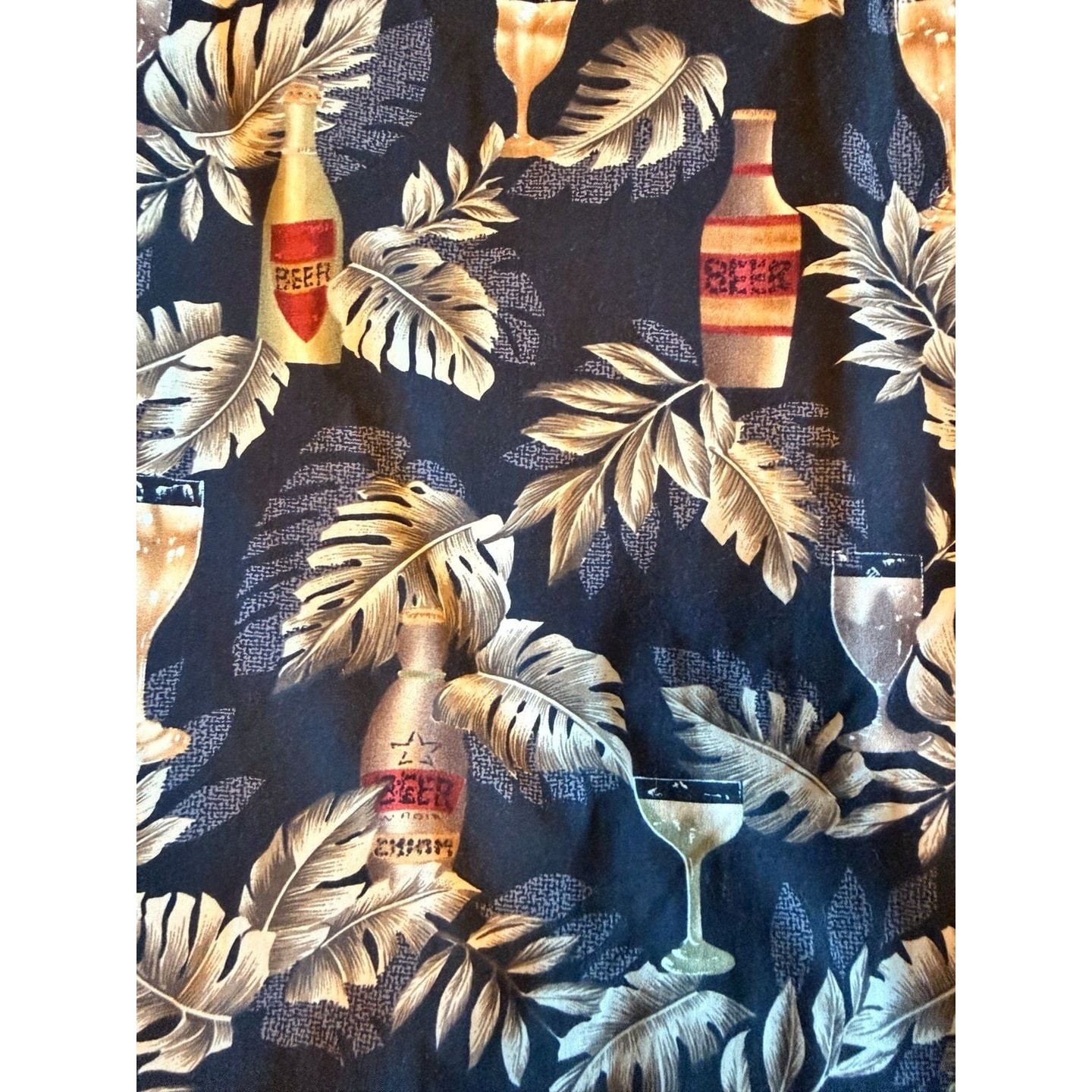 Campia Moda Mens Large Vintage Hawaiian Shirt Beer Tropical Leaf Cotton Navy L