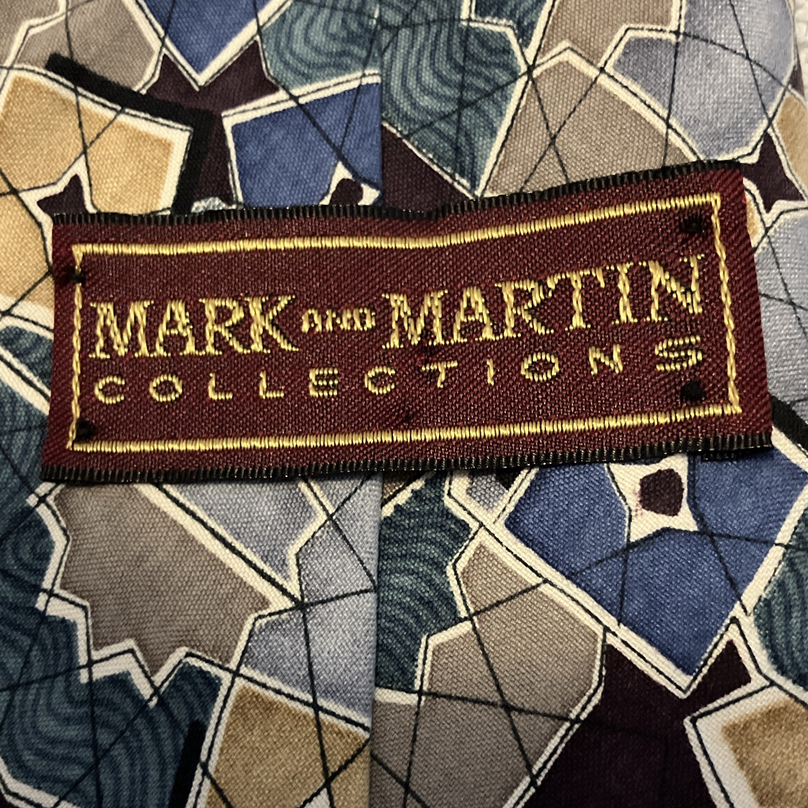 Mark Martin Collections Men’s Geometric Pattern Tie Blue Gray Beige Black