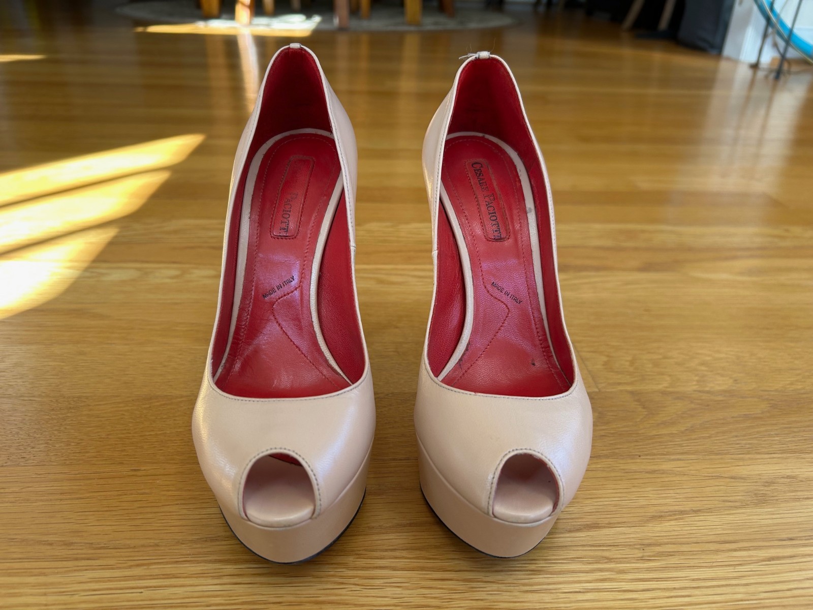 CESARE PACIOTTI Nude Leather Platform Pumps with Logos Size 6 IT 36 Good Cond.