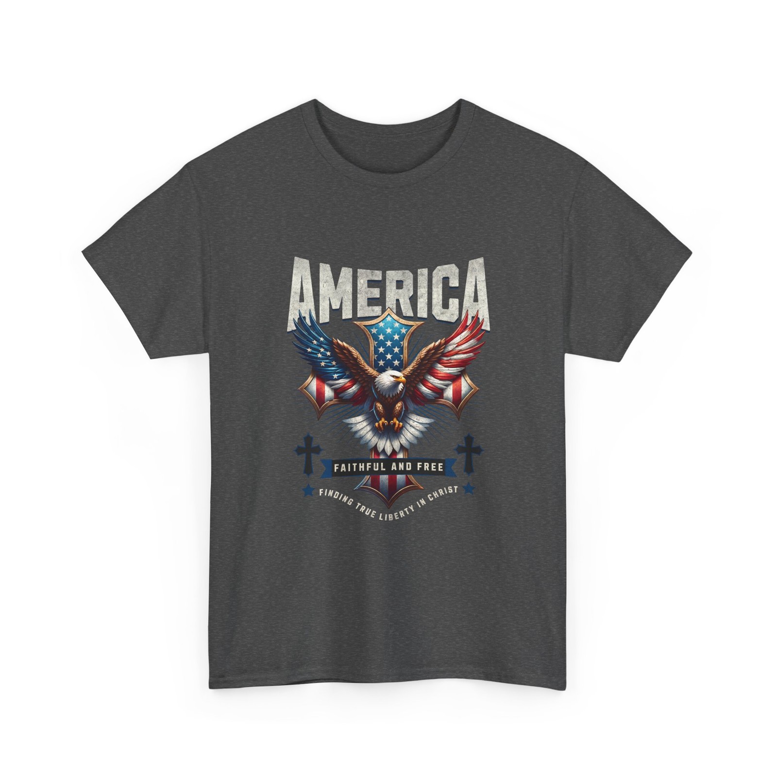 Christian Cross America Men’s T-Shirt Patriotic Eagle Faithful Liberty New Tee