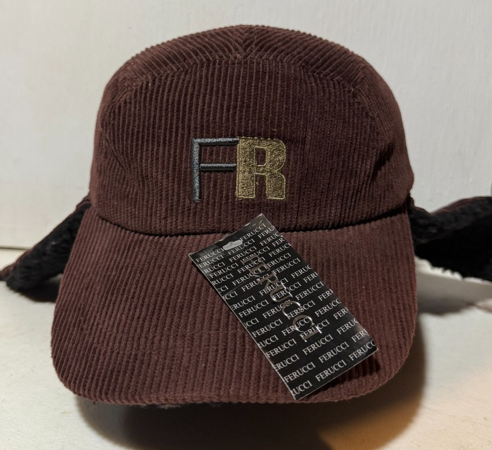NEW Ferucci Brown Corduroy Trapper Hat Ear Flap Winter Cap Warm Lined USA