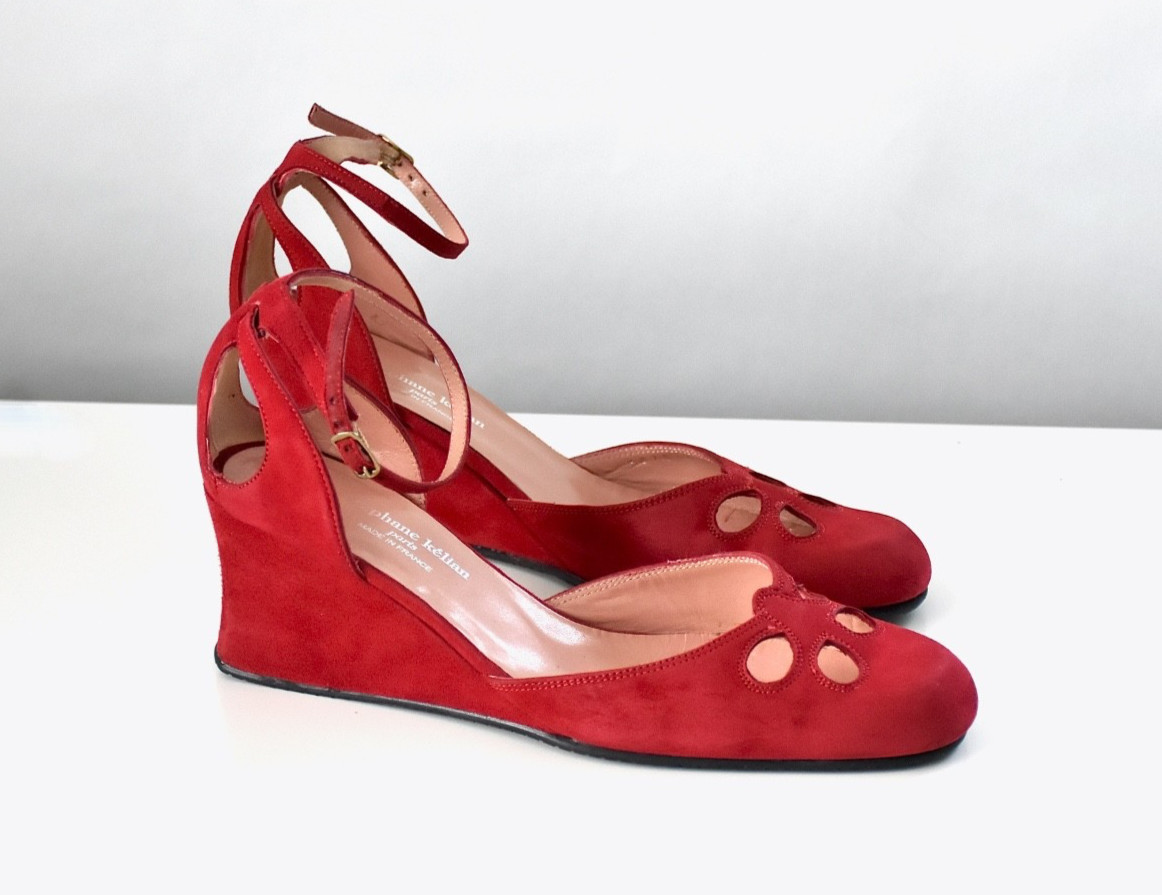Stephane Kelian Made in FRANCE Red Suede 2.25” Wedge shoes Womens 6.5