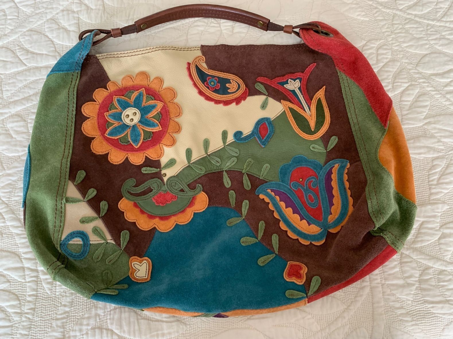 LUCKY BRAND LEATHER SUEDE BOHO SHOULDER BAG HIPPIE HANDBAG PATCH WORK FLOWERS