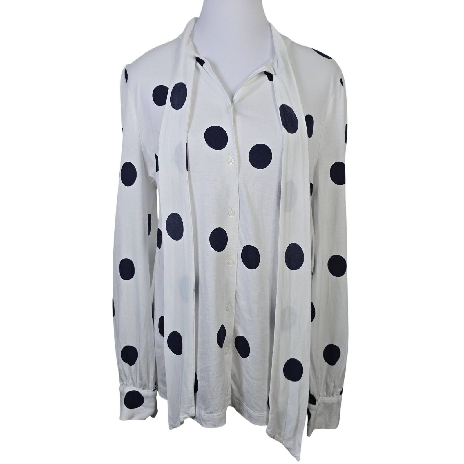 Boden Women White Navy Blue Polka Dot Tie Neck Button Up Blouse Top Size 10R