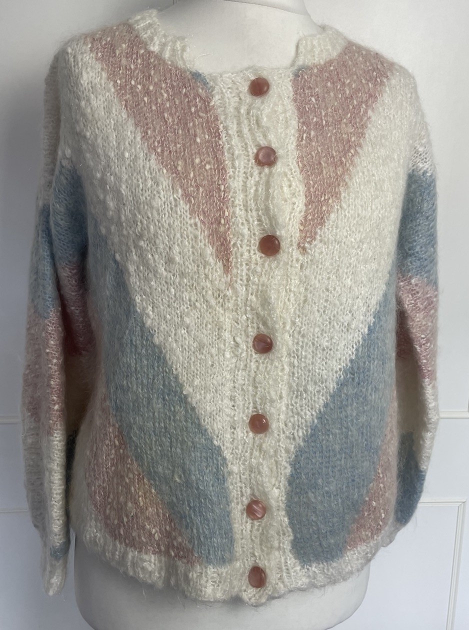 Hand Knitted Women’s Cardigan Size UK 12 Ivory Pink Blue Cottagecore Knit