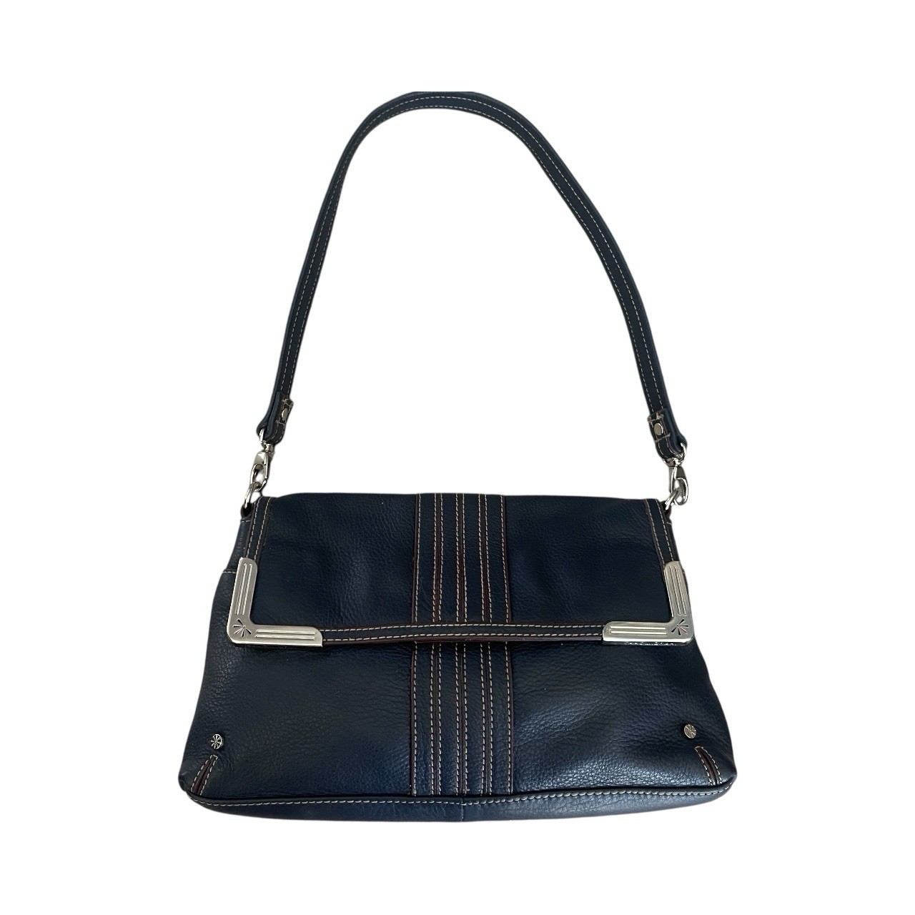 Isaac Mizrahi Navy Leather Shoulder Bag Burgundy Accents Pebble Grain Purse