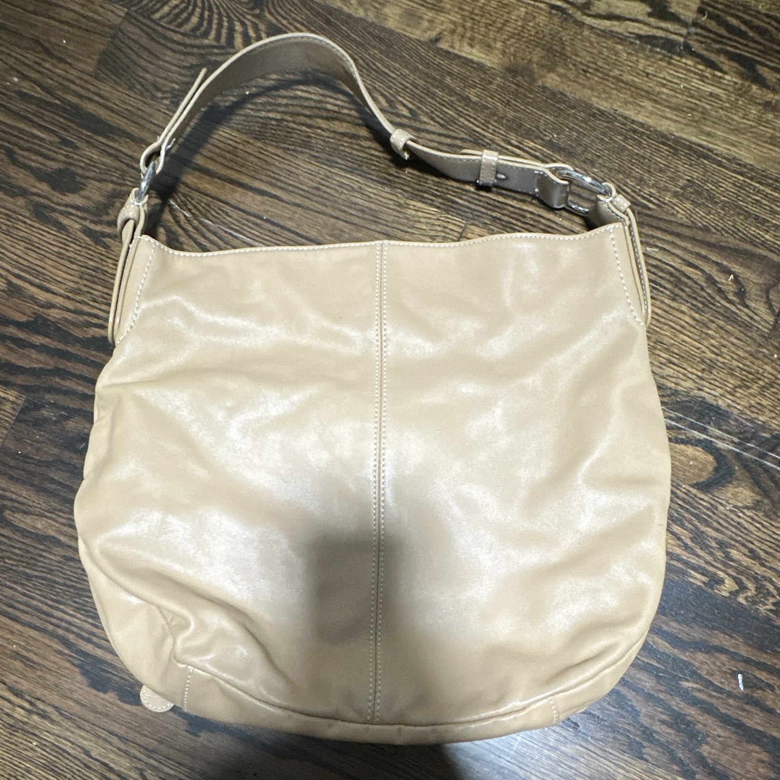 Alfani Large Beige Shoulder Bag, Buckle Accent Flap, Snap Closure, Pockets
