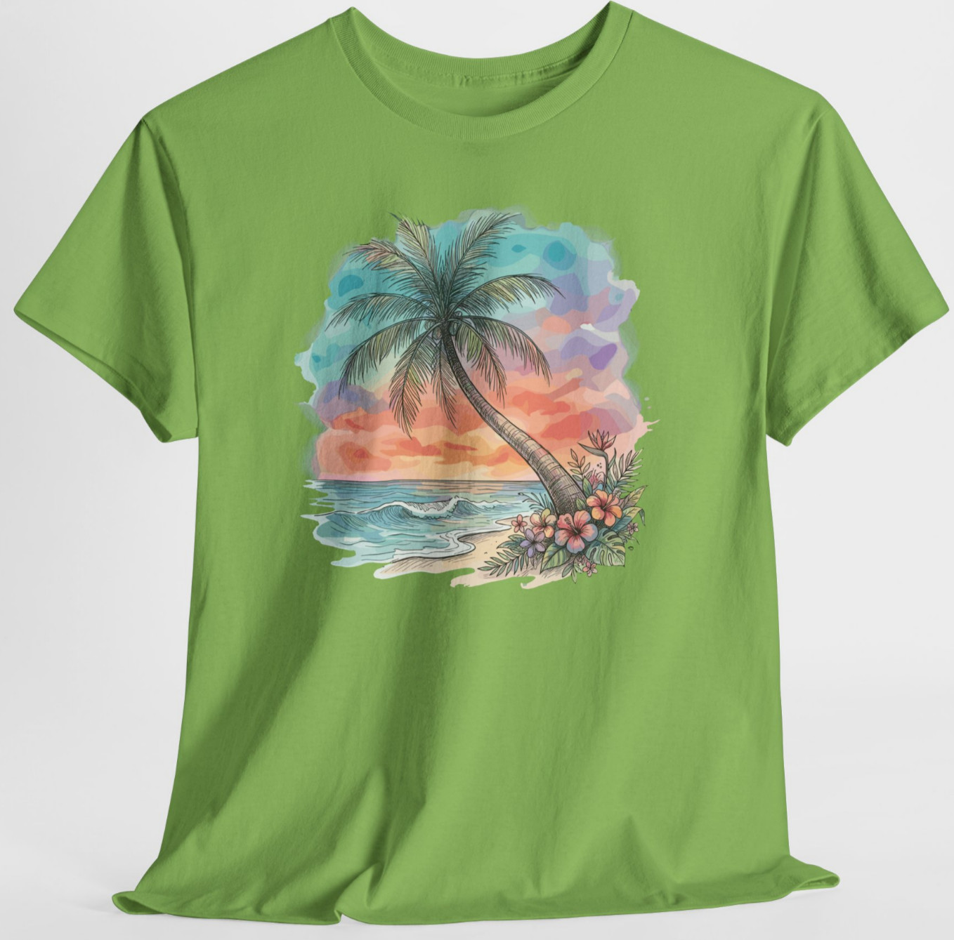 Sunset Beach Palm Tree Ocean Gift Graphic T Shirt Tee Top S-XL, Plus 2X 3X 4X 5X
