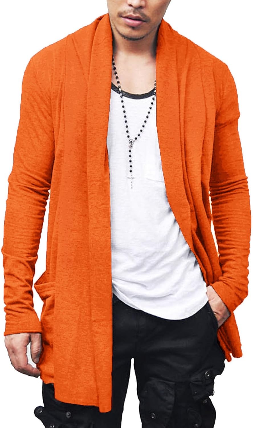 Men’s Lightweight Open Front Cardigan Longline Drape Sweater with Pockets Shawl