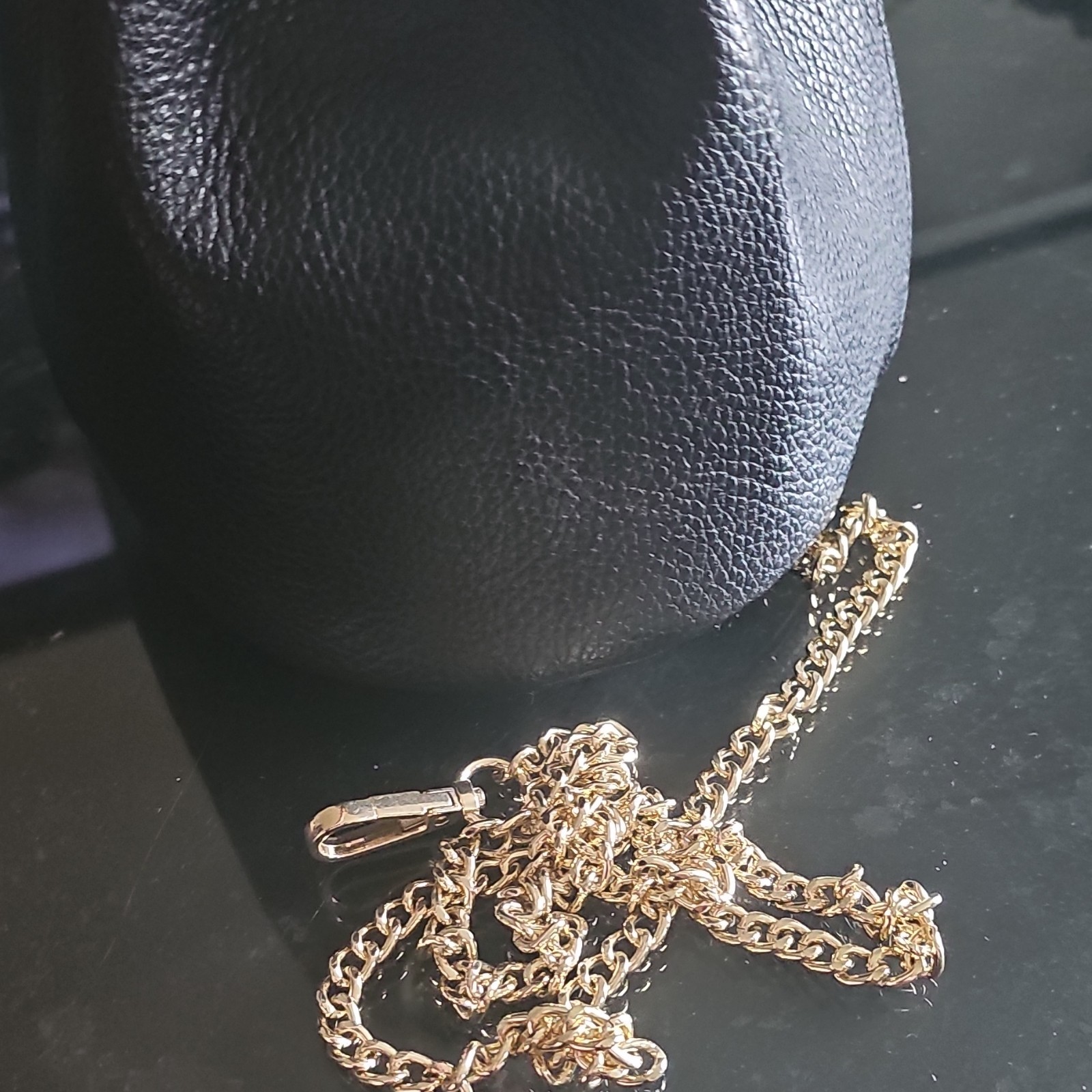 Anna Paola Black Pebbled Bucket Bag Drawstring w/ Gold Chain, Detachable Strap