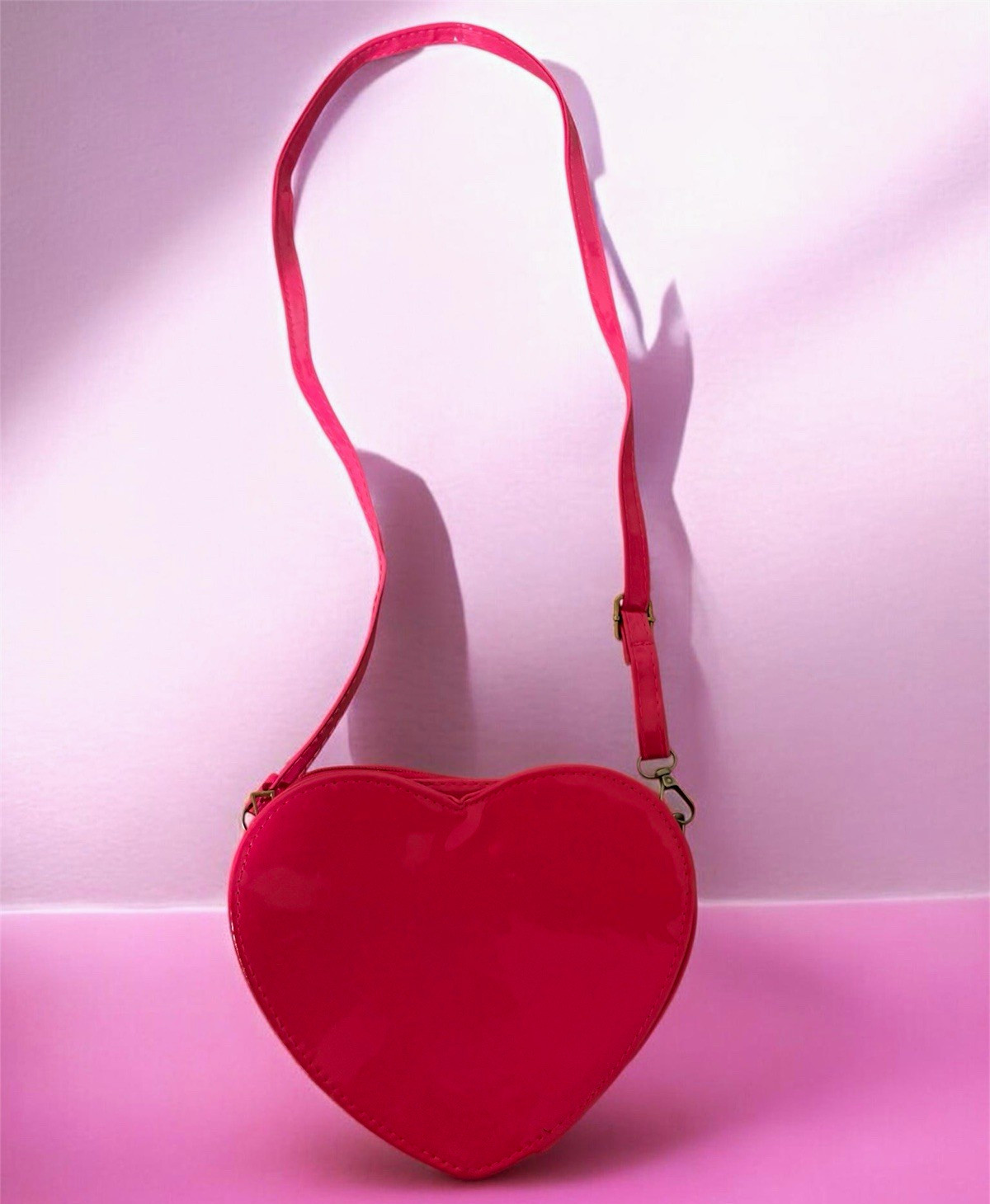 Pink Heart-Shaped Crossbody Bag Purse w/ Detachable Strap, Zip, Gold Hardware