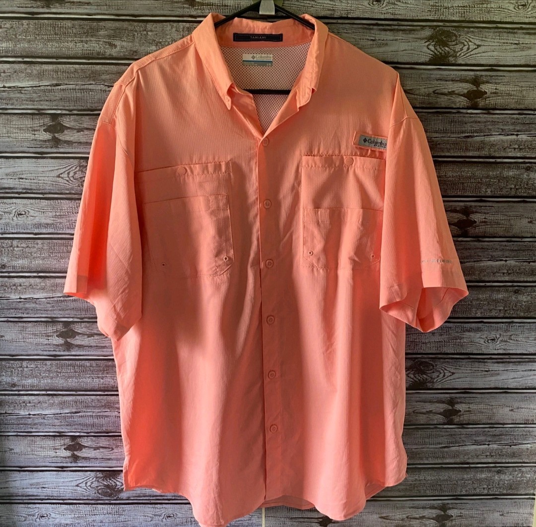 Columbia Men’s PFG, Fishing Shirt-Peach/Coral-Sz Lg