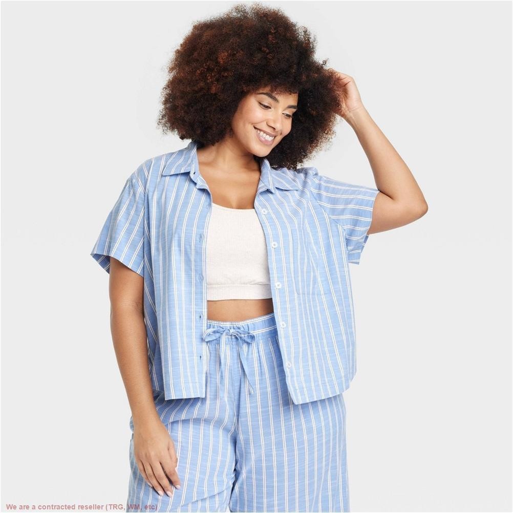 Women’s Striped Cotton Blend Pajama Shirt – Auden Light Blue 1X *SEE DEAL!!!*