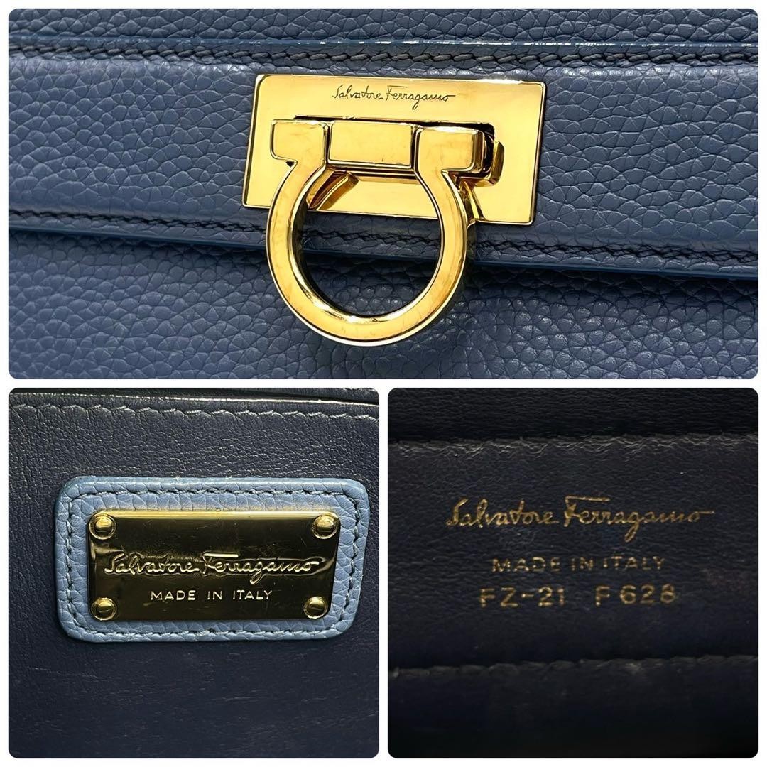 Salvatore Ferragamo Sofia 2way Gancini Leather Handle Crossbody Blue Gold Auth