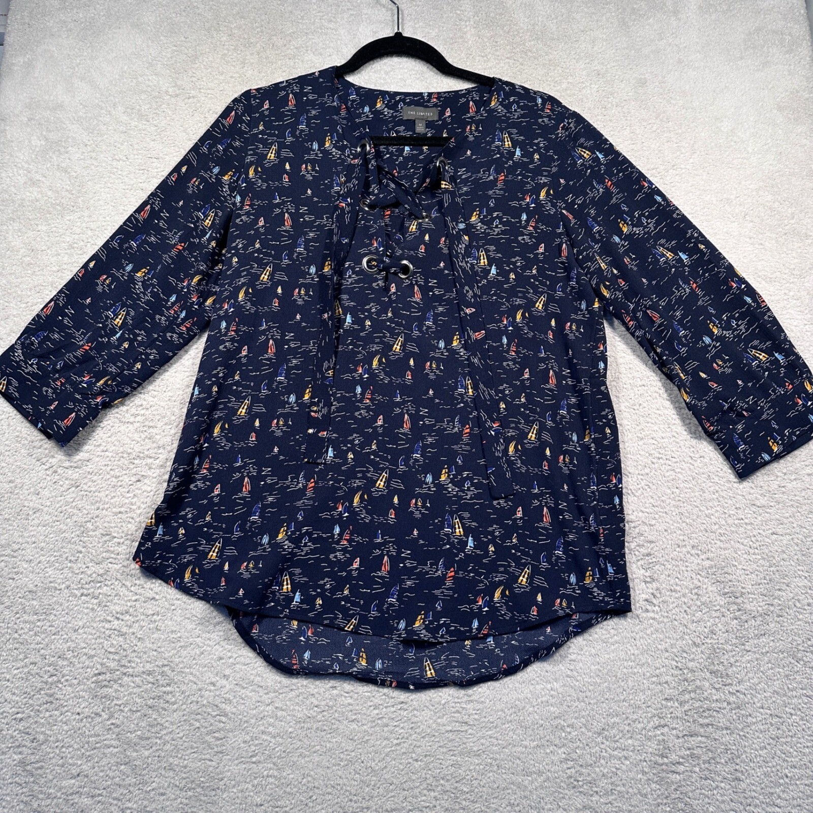 The Limited Sailboat Print Blouse Lace Up 3/4 Sleeve Top Nautical M
