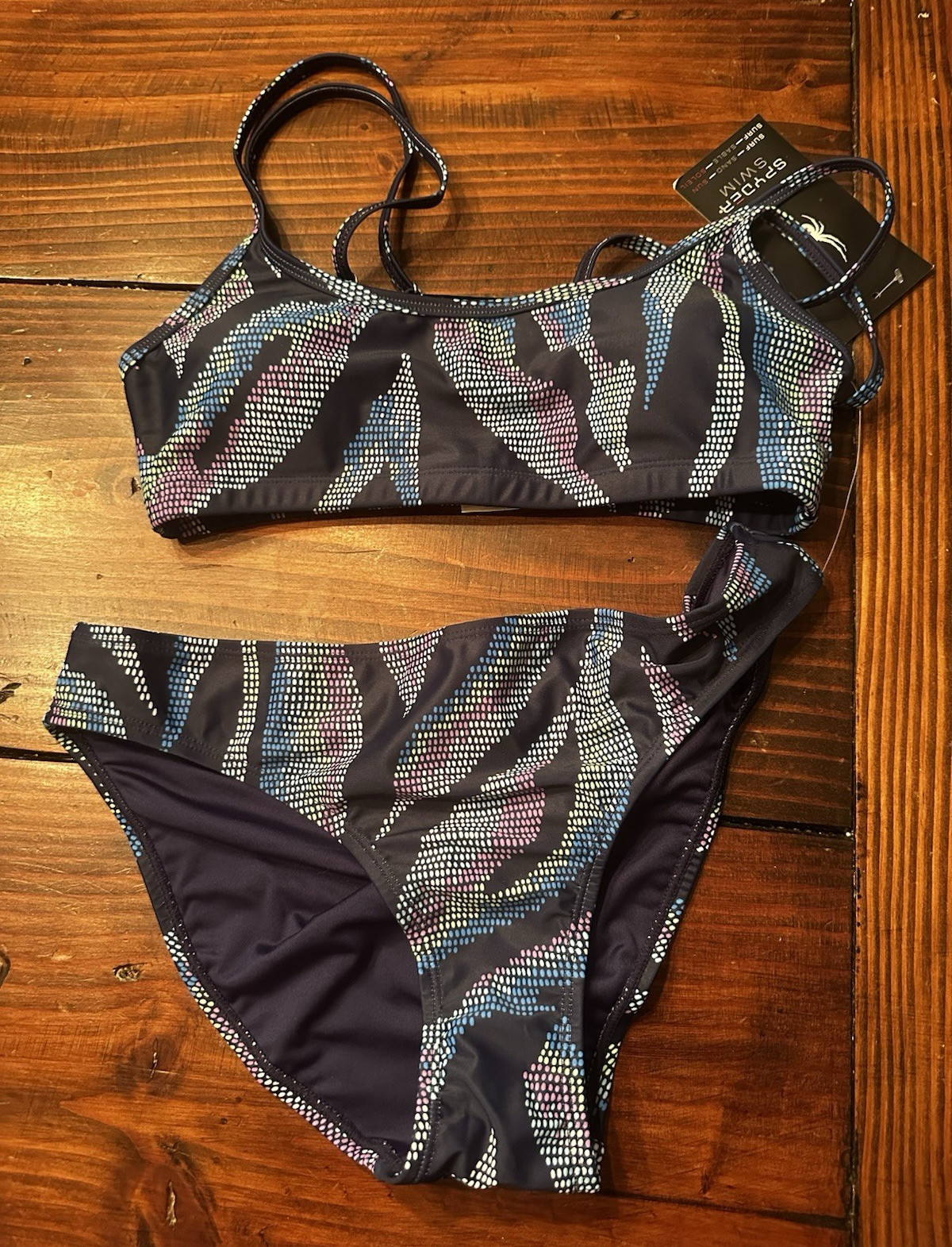 Spyder 2-Piece Abstract Blue Multicolor Bikini Set Women’s S Cup D Spaghetti