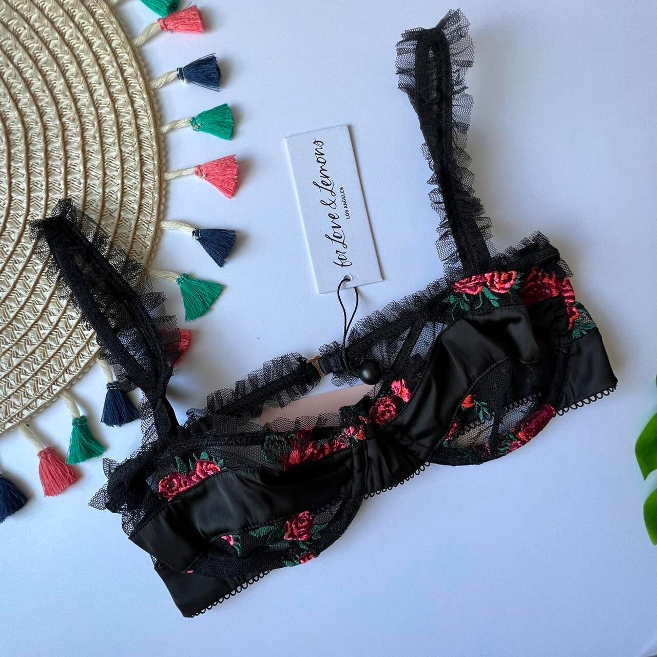 For Love And Lemons Rosebud Bra Black w Red Floral Small NEW