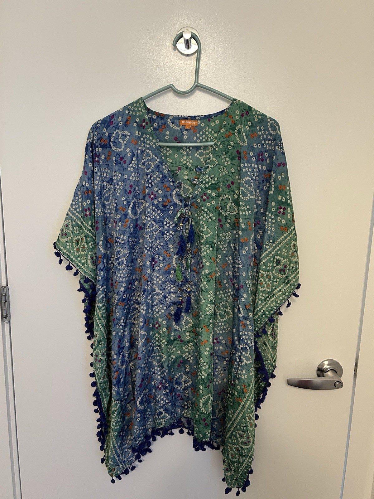 Swim Cover Up Blue And Green Printed With Tassels Pompom Design Size L