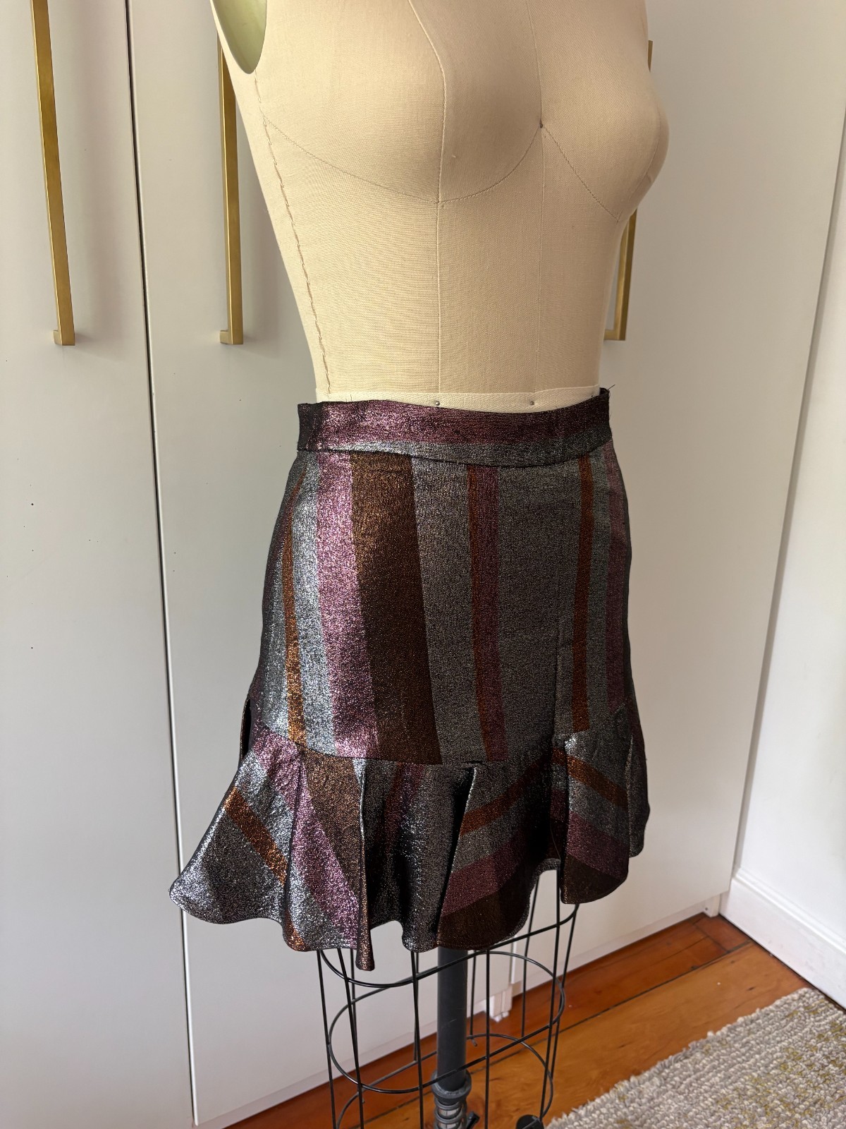 Derek Lam Metallic Shimmery Multi Colo Striped Mini Skirt With Ruffle Size 0