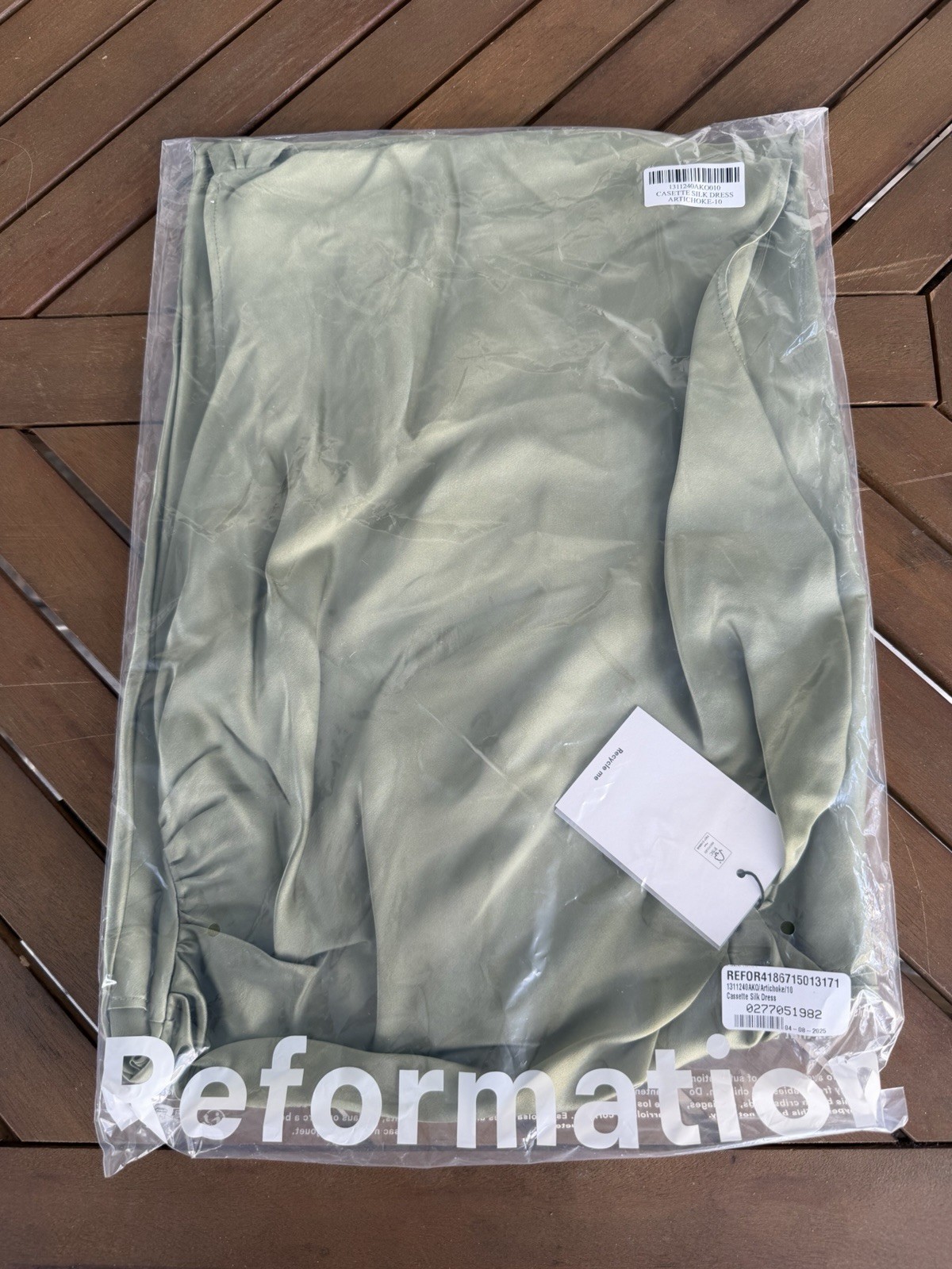 REFORMATION Casette Silk Dress Artichoke Olive Green Midi Womens Size 10 NWT