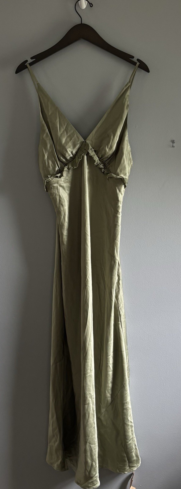 Reformation Madrigal Artichoke Green Satin Maxi Slip Dress Tie Strap Size M New