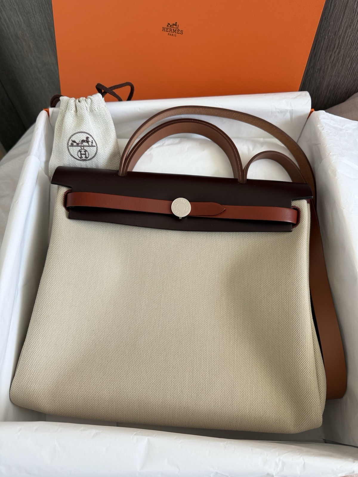 RARE BNIB HERMÈS HERBAG 31 Naturel/ Two-Tone Brown Leather Strap