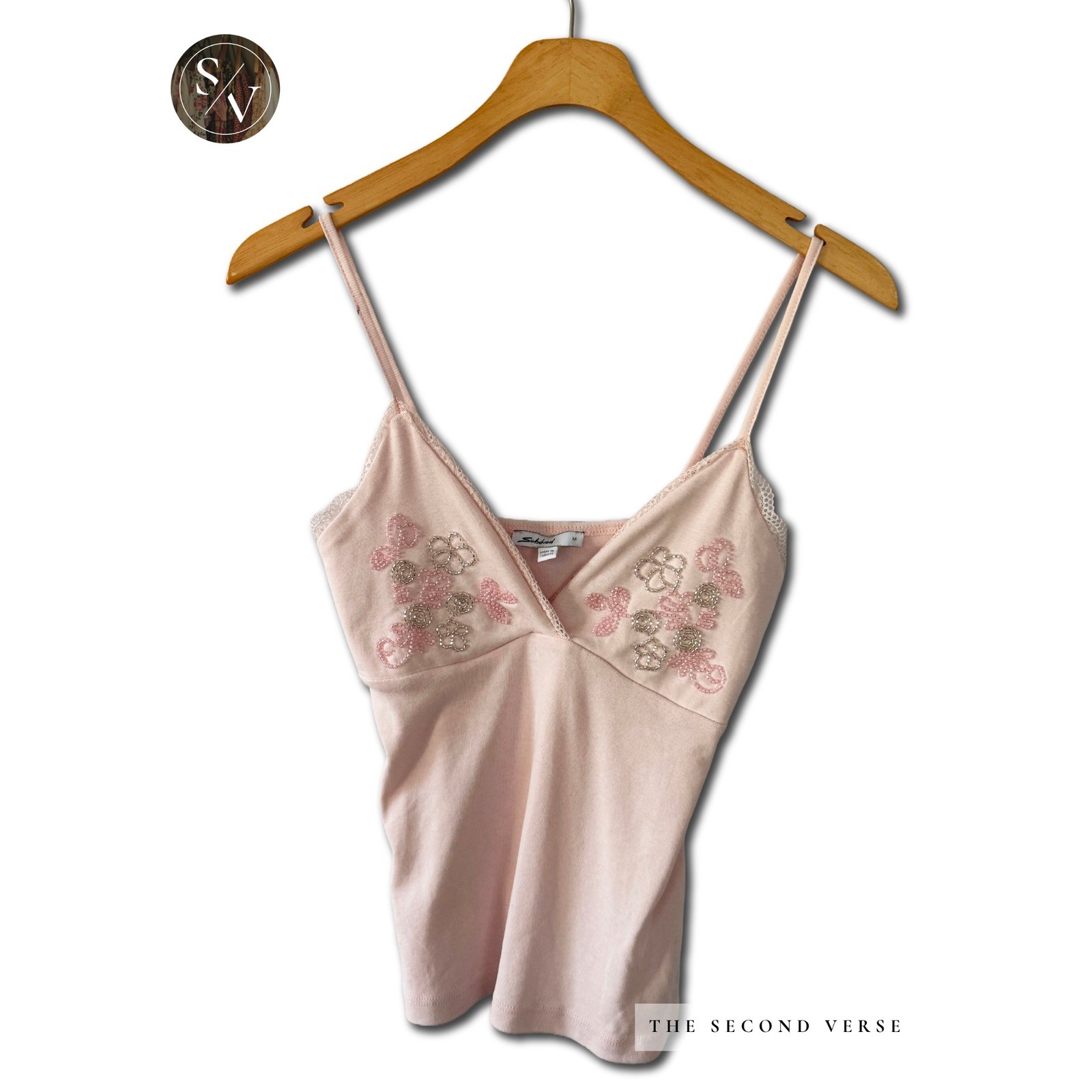 Subdued Cami Top Women Coquette Beaded Floral Lace Trim Pink Medium