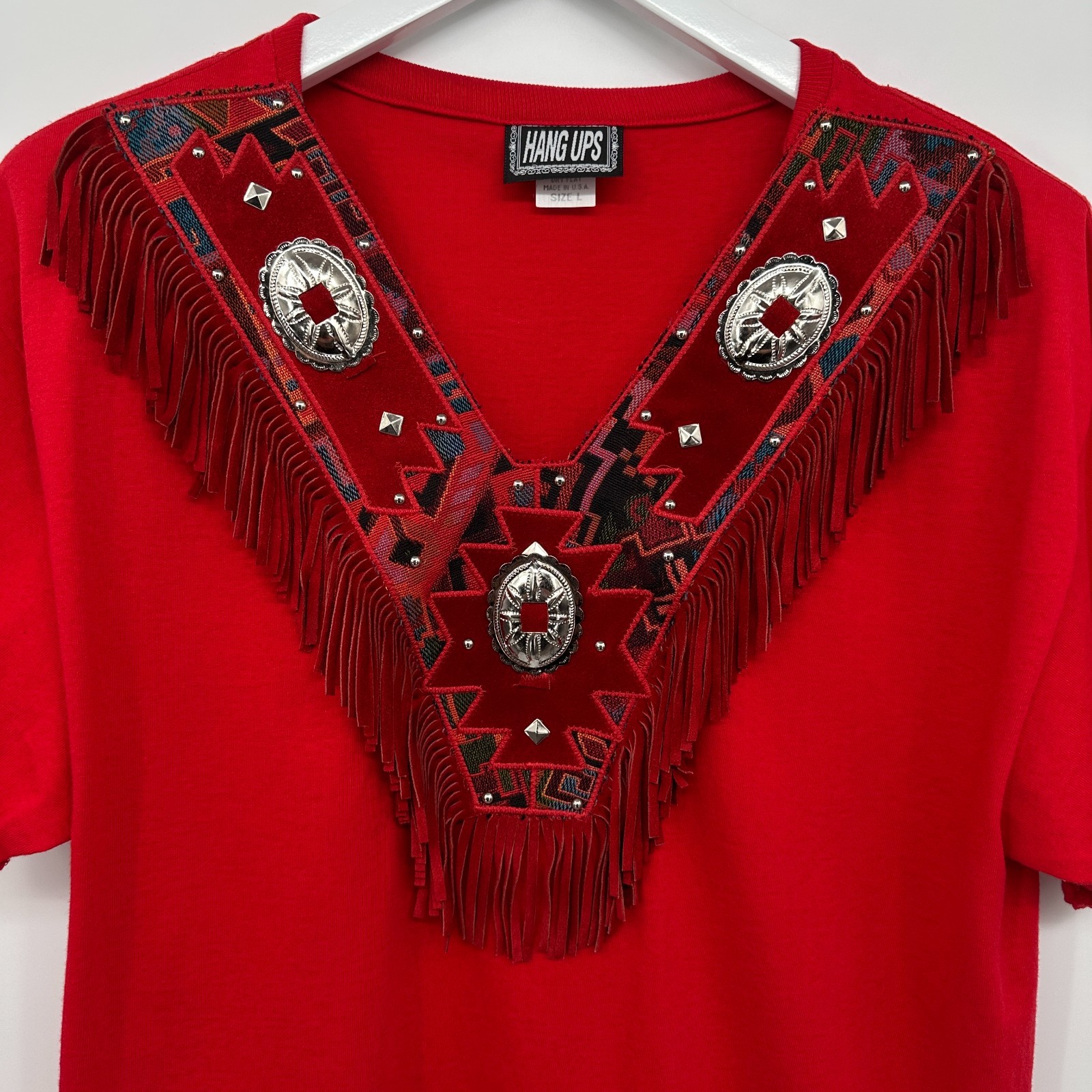 Vintage Western Top Shirt Size Large Stretch Embroidered Suede Fringe Concho USA