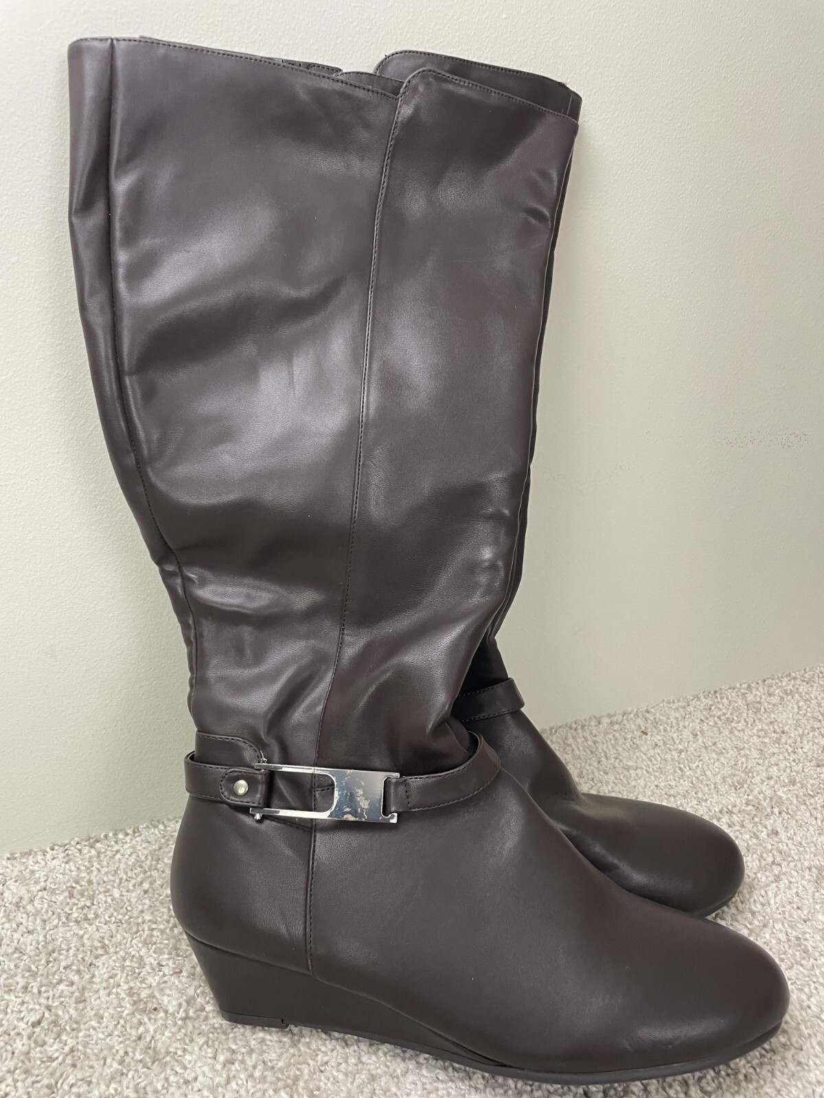 Comfort View Mid-Calf Lyra Boots Womens 10 1/2W Leather Side Zip Buckle Brown