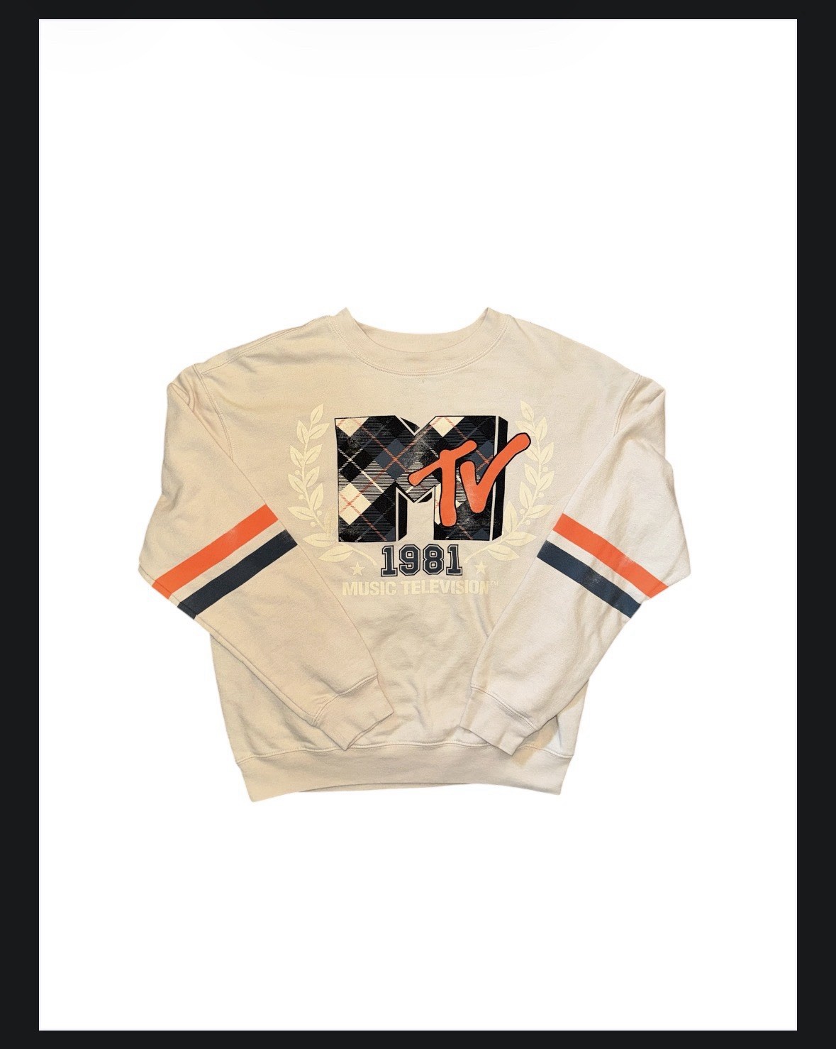 MTV 1981 Argyle Sweatshirt Double Striped Sleeves Beige Women’s Small