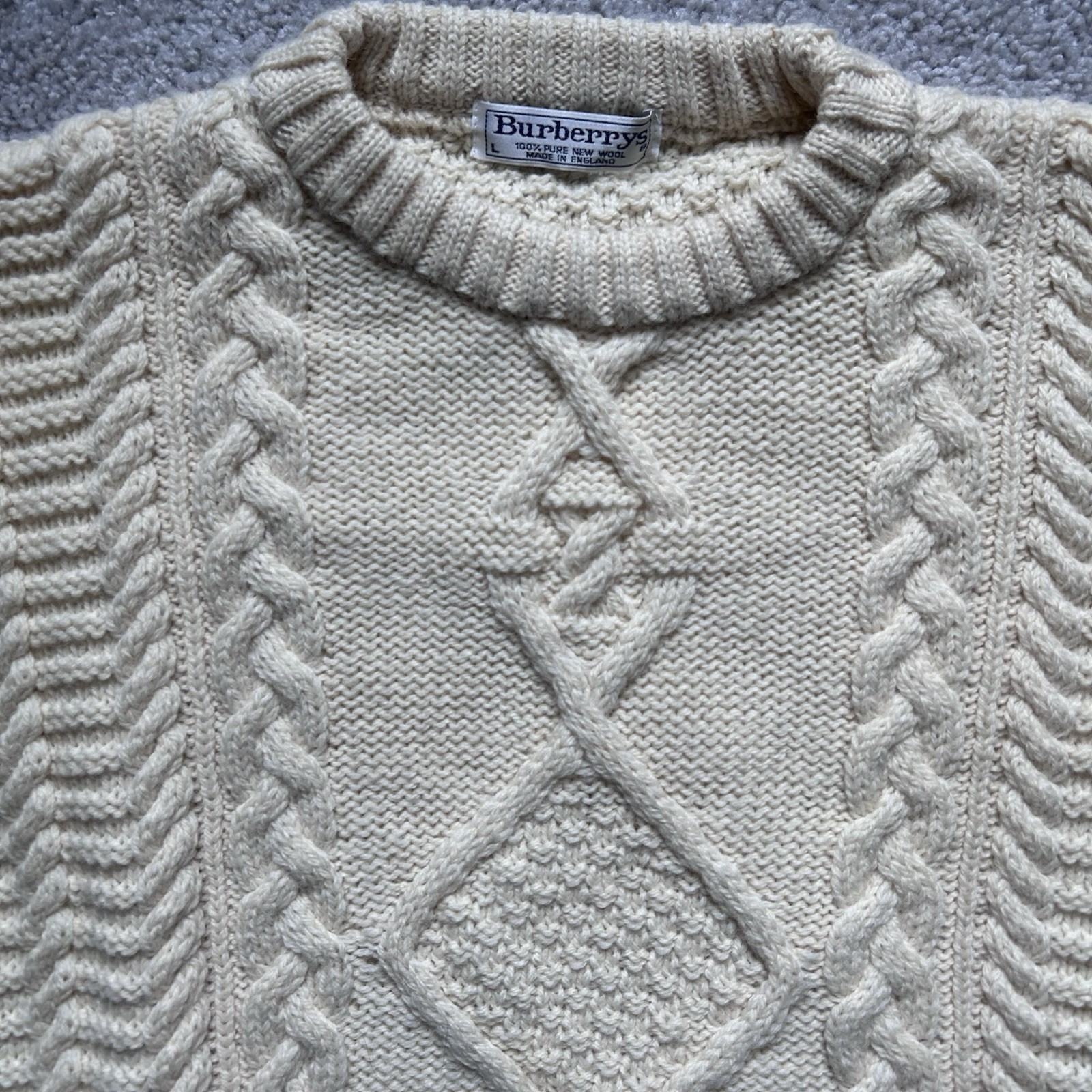 Vintage Burberrys Cable Knit Wool Crewneck Sweater Jumper Made In England Large