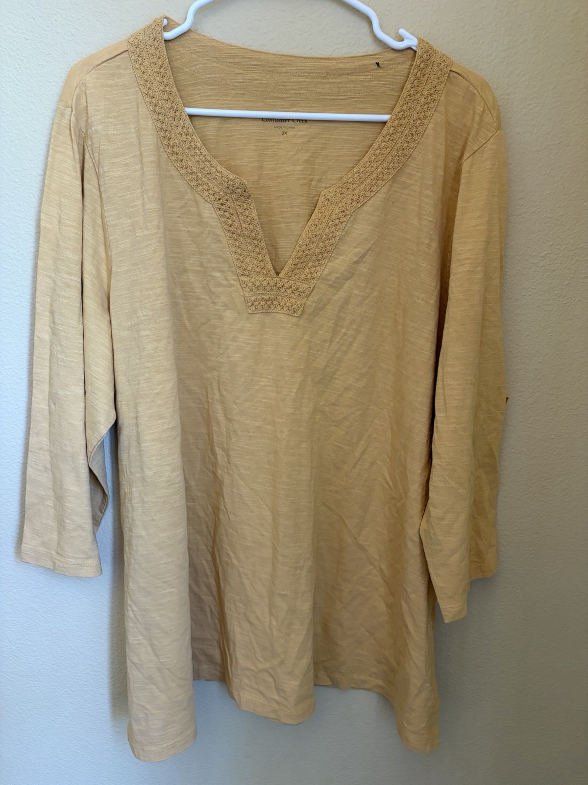 Coldwater Creek Womens Top Size 2X Yellow Crochet Detail Cotton 3/4 Sleeve
