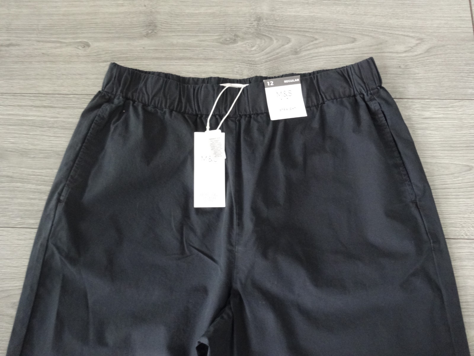 M&S MARKS & SPENCER BLACK COTTON PULL ON STRAIGHT TROUSERS UK SIZE 12 REG