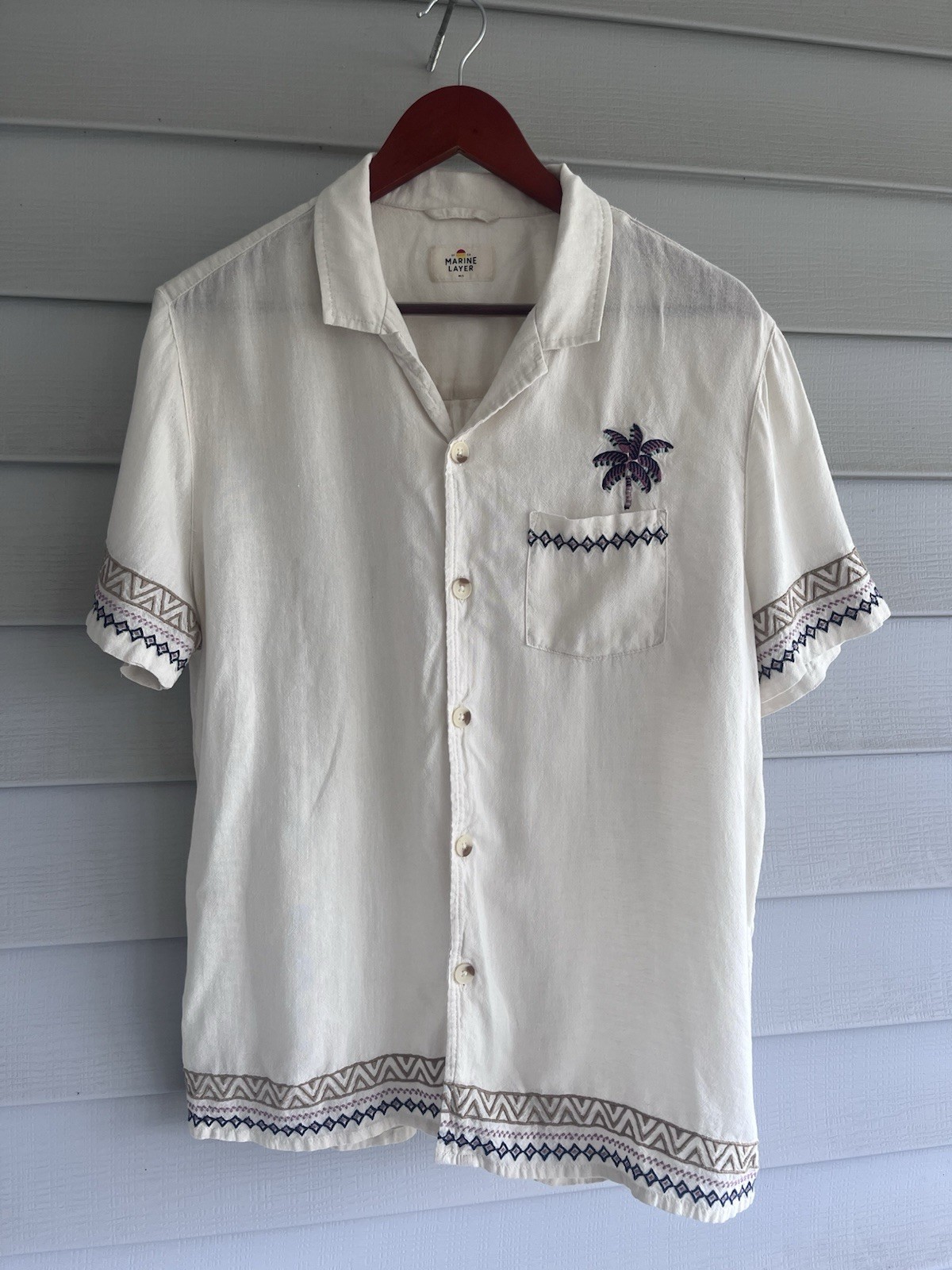 Marine Layer Linen Blend Resort Shirt Mens M/L Palm Tree Embroidered Camp Collar