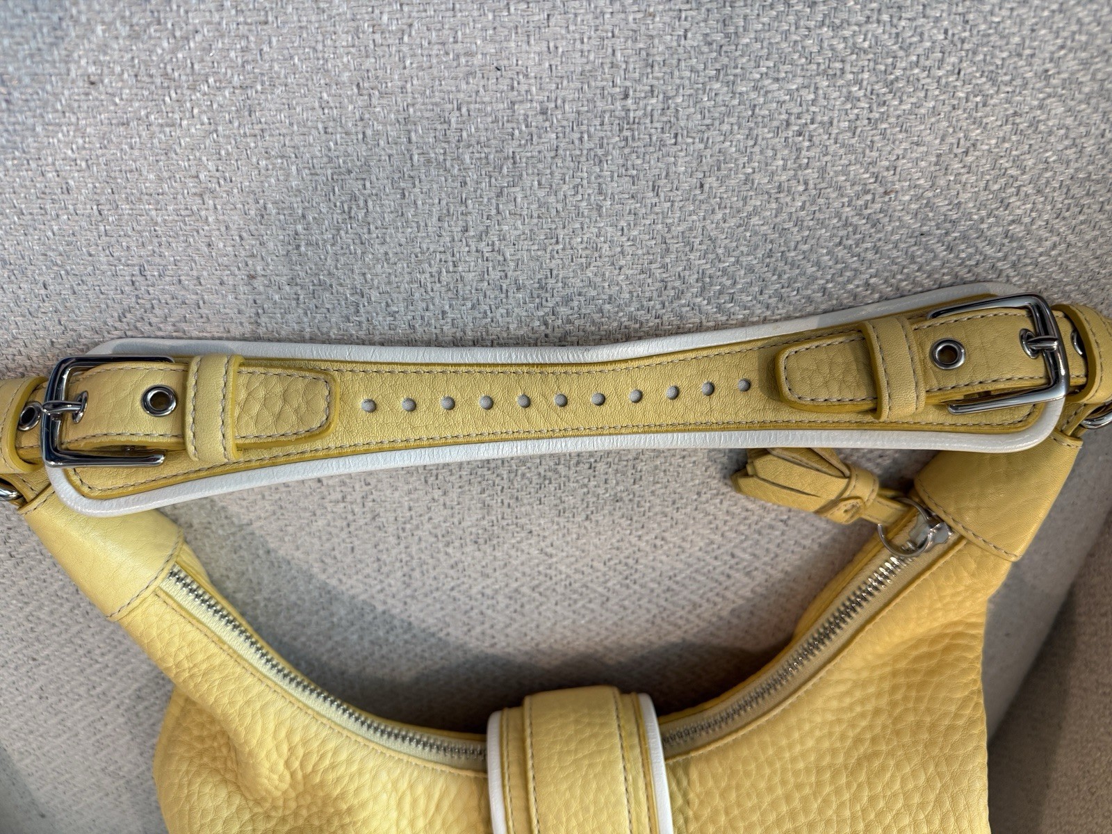 Coach Yellow Pebbled Shoulder Bag Zip Top, Silver Hardware, Buckle Accent