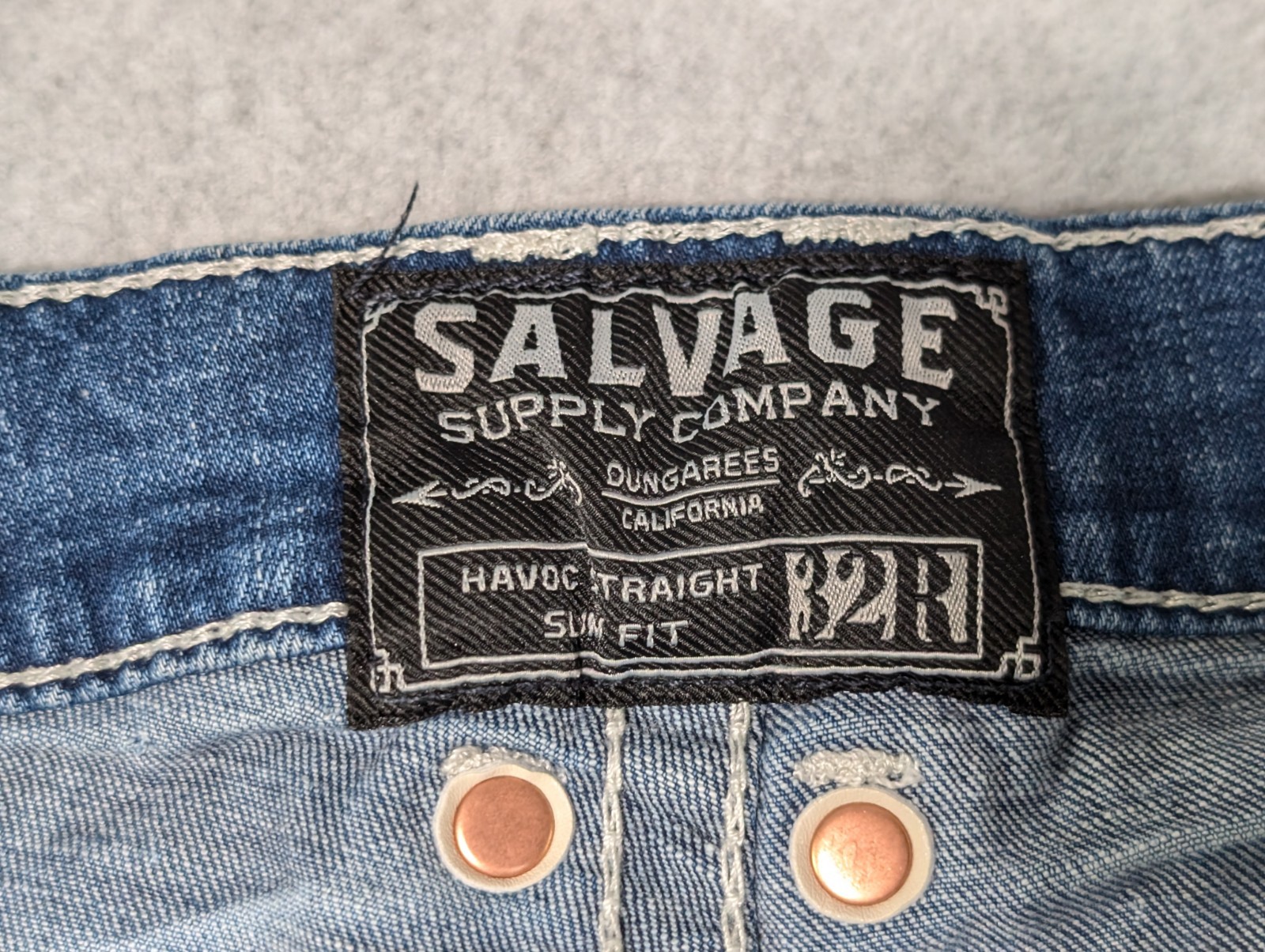 Salvage Supply Company Jeans 32Rx31 Blue Havoc Straight Slim Fit Distressed BKE