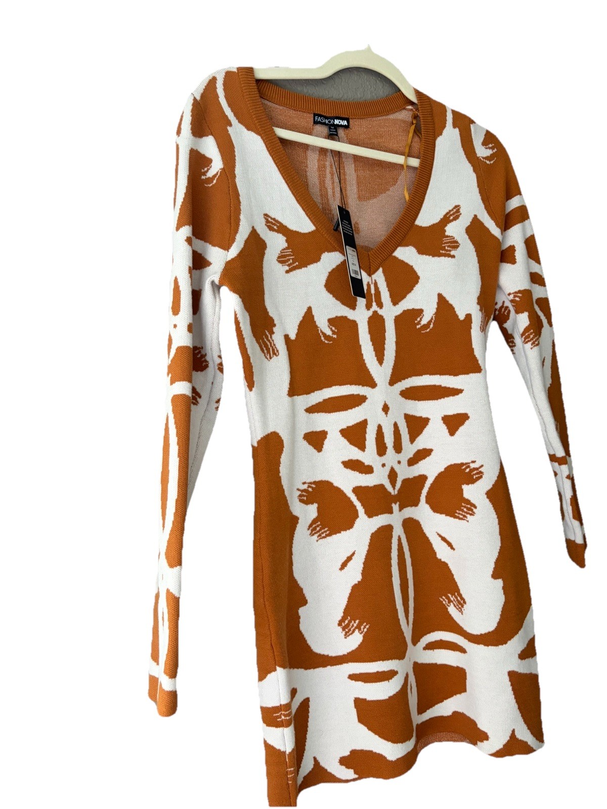 Fashion Nova Klarissa Rust White Floral Ribbed Knit V-Neck Sweater Dress M