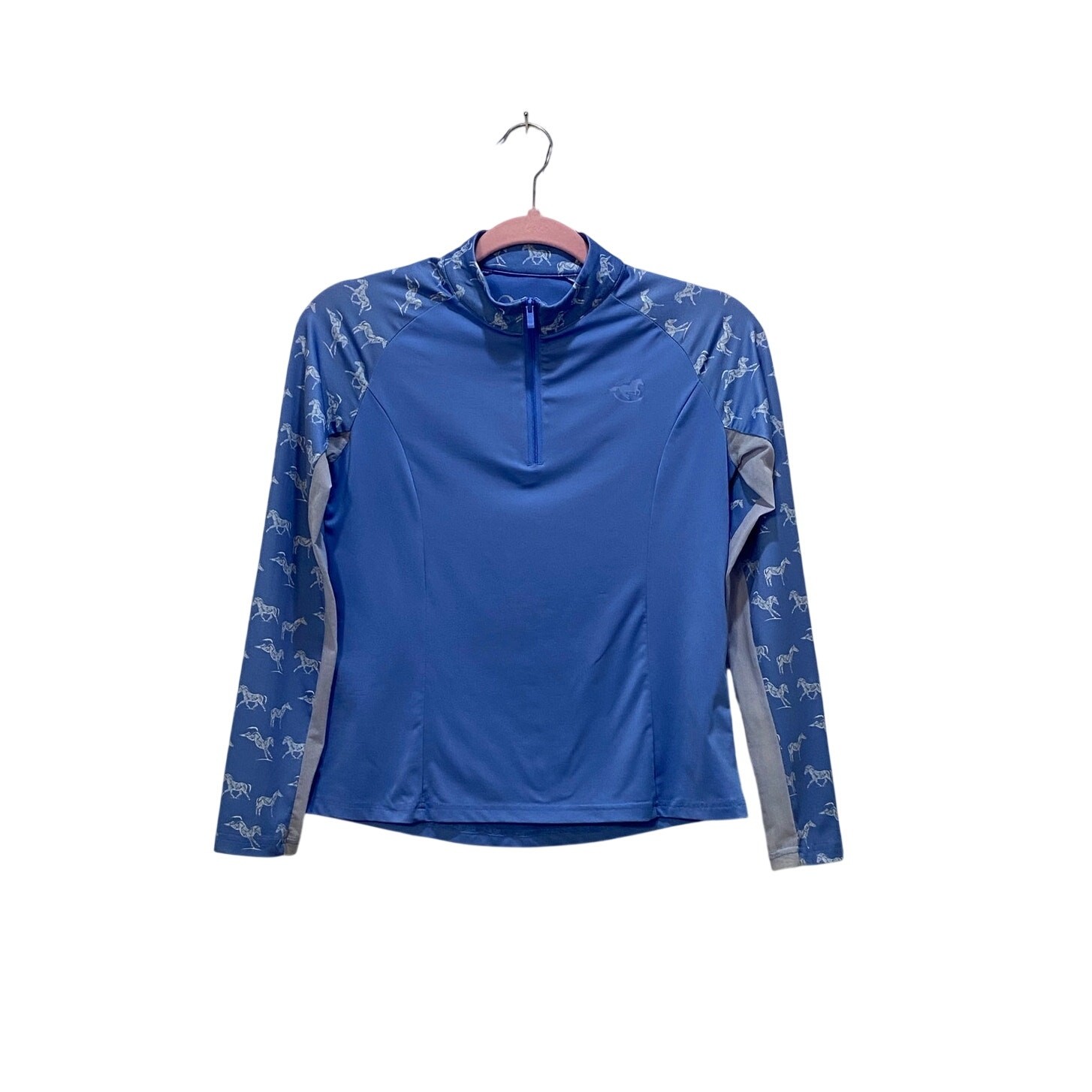 PIPER by SmartPak LS Quarter Zip Sun Shirt French Blue Running Horses Girl LARGE
