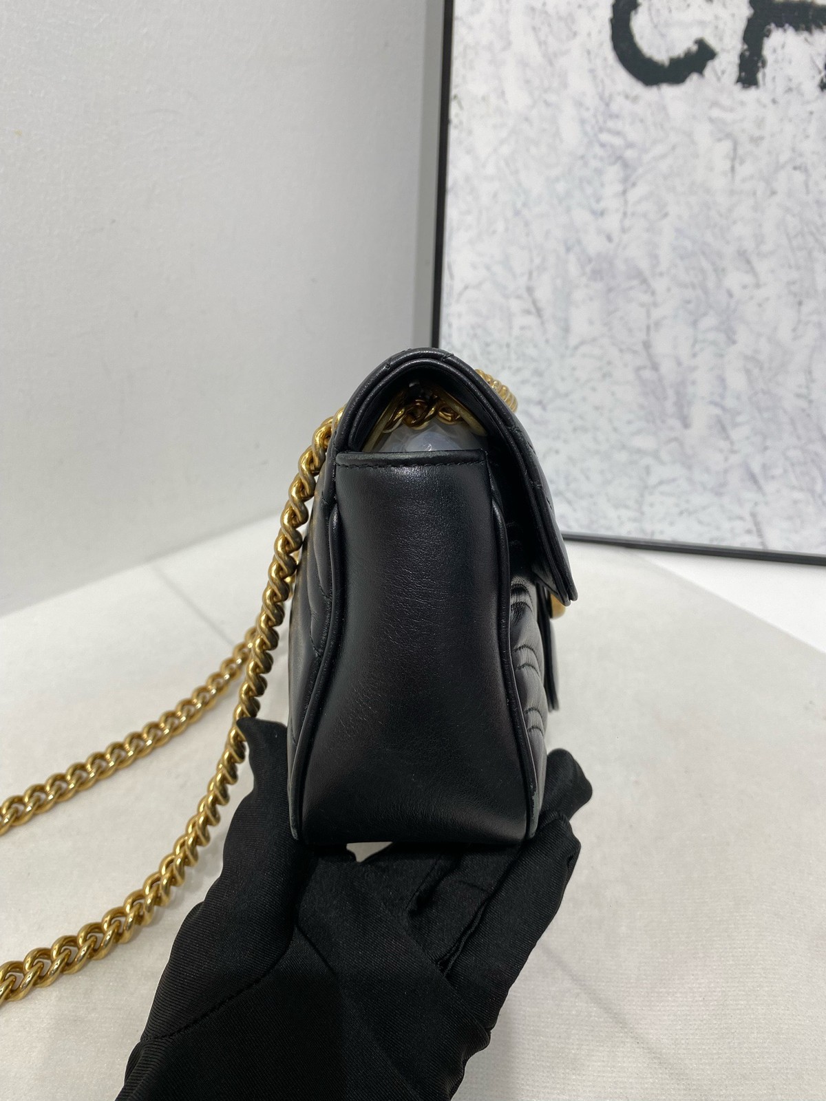 Gucci GG Marmont Small 22cm Black Gold Leather Chain Crossbody Bag Duty Paid