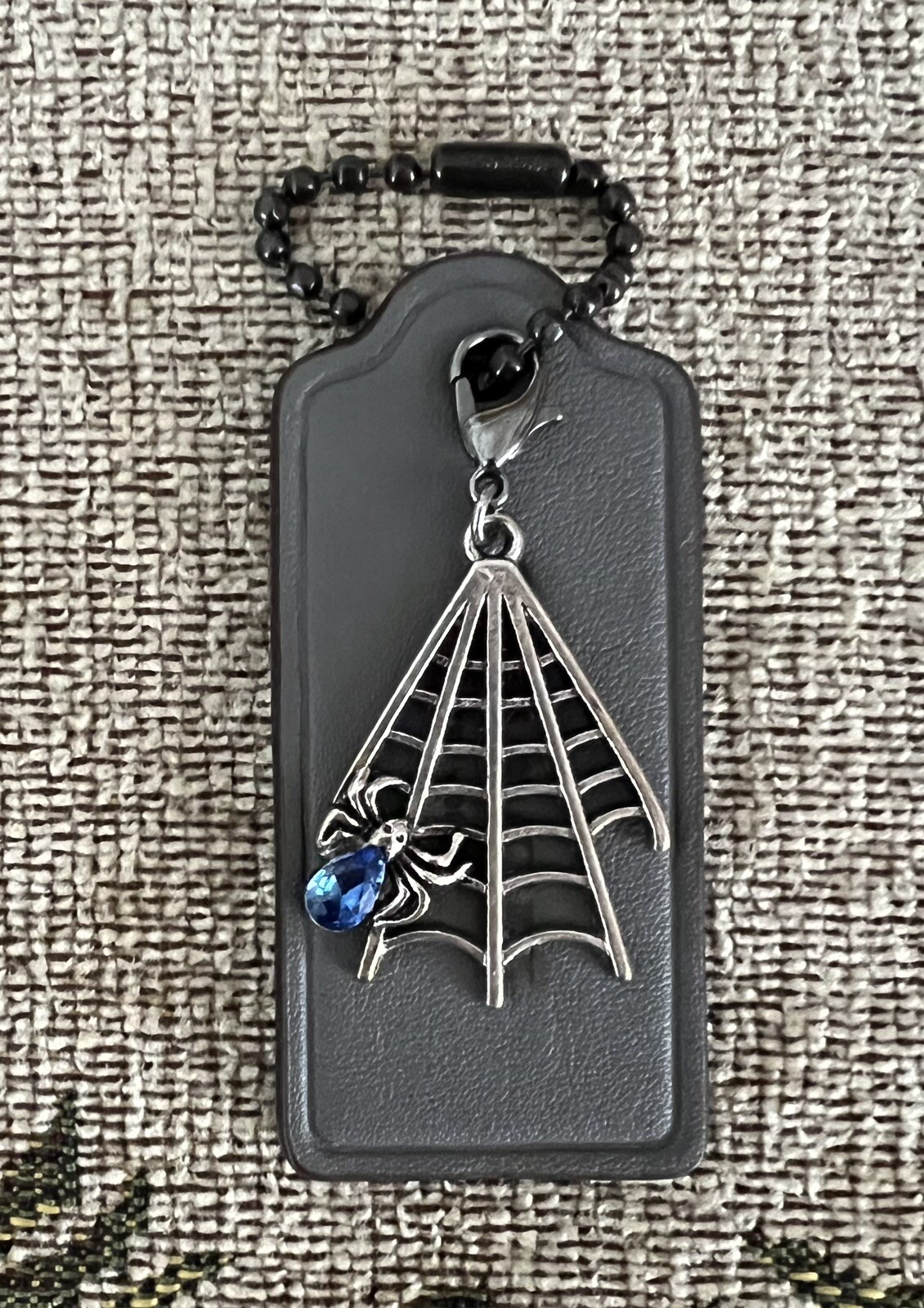 Genuine Coach 2.25” Gray Leather HangTag Fob Spider Web Blue Spidey Charm New