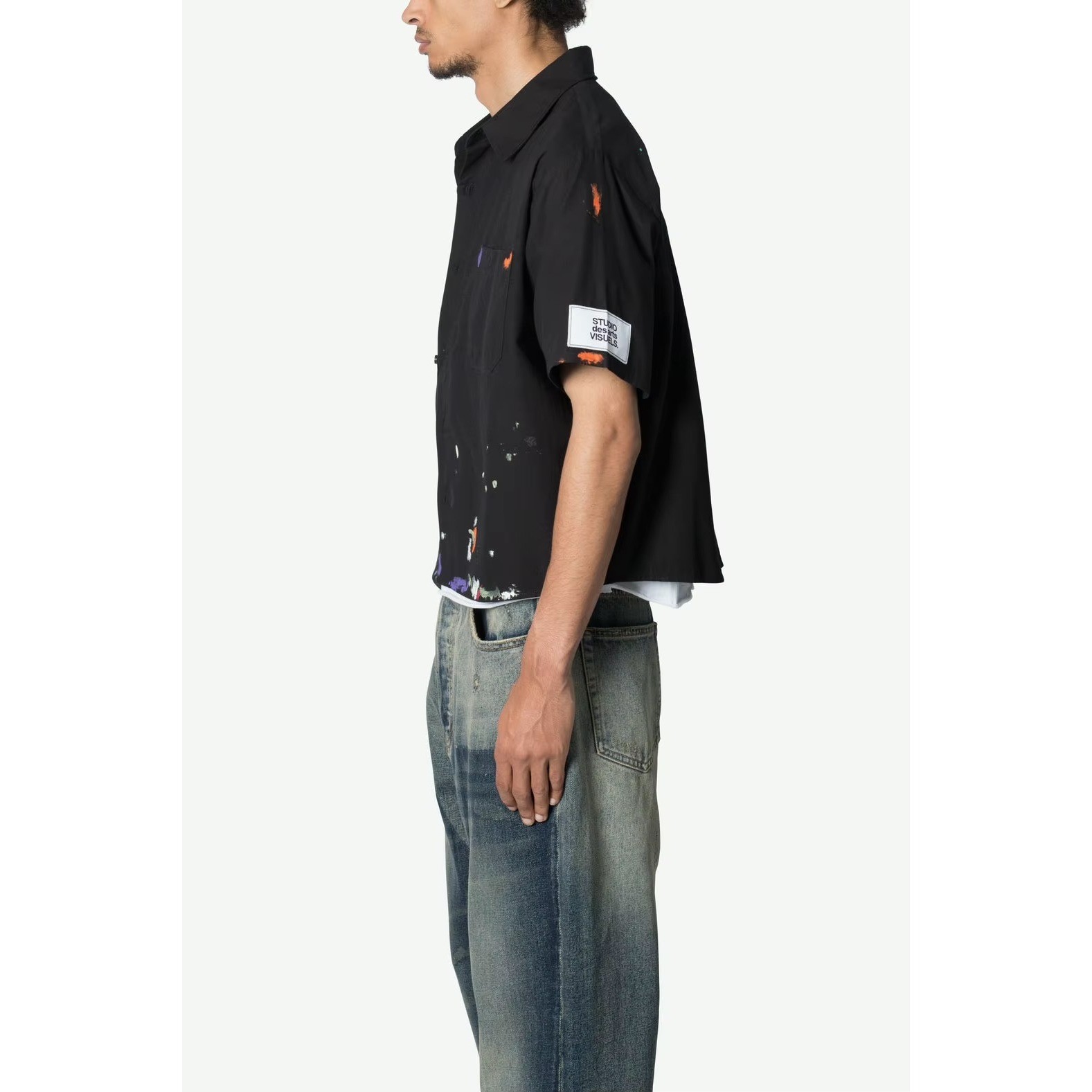 (B2) MNML Studio Des Arts Visuels Paint Splatter Cropped Shirt Black S M L Mens