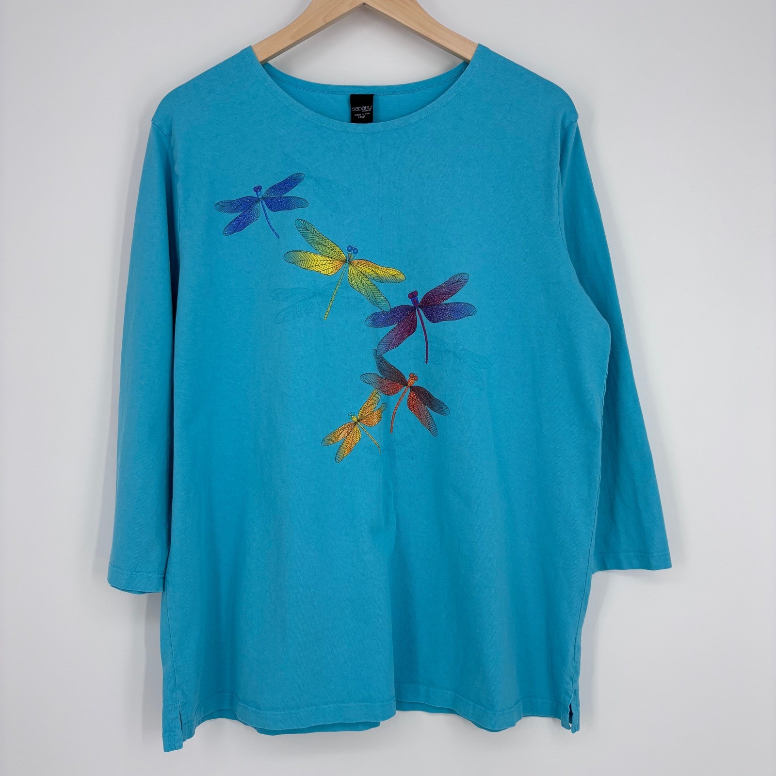 Sabaku Artwear Shirt Womens L Blue Dragonfly 3/4 Sleeve Cotton Nature Tee USA