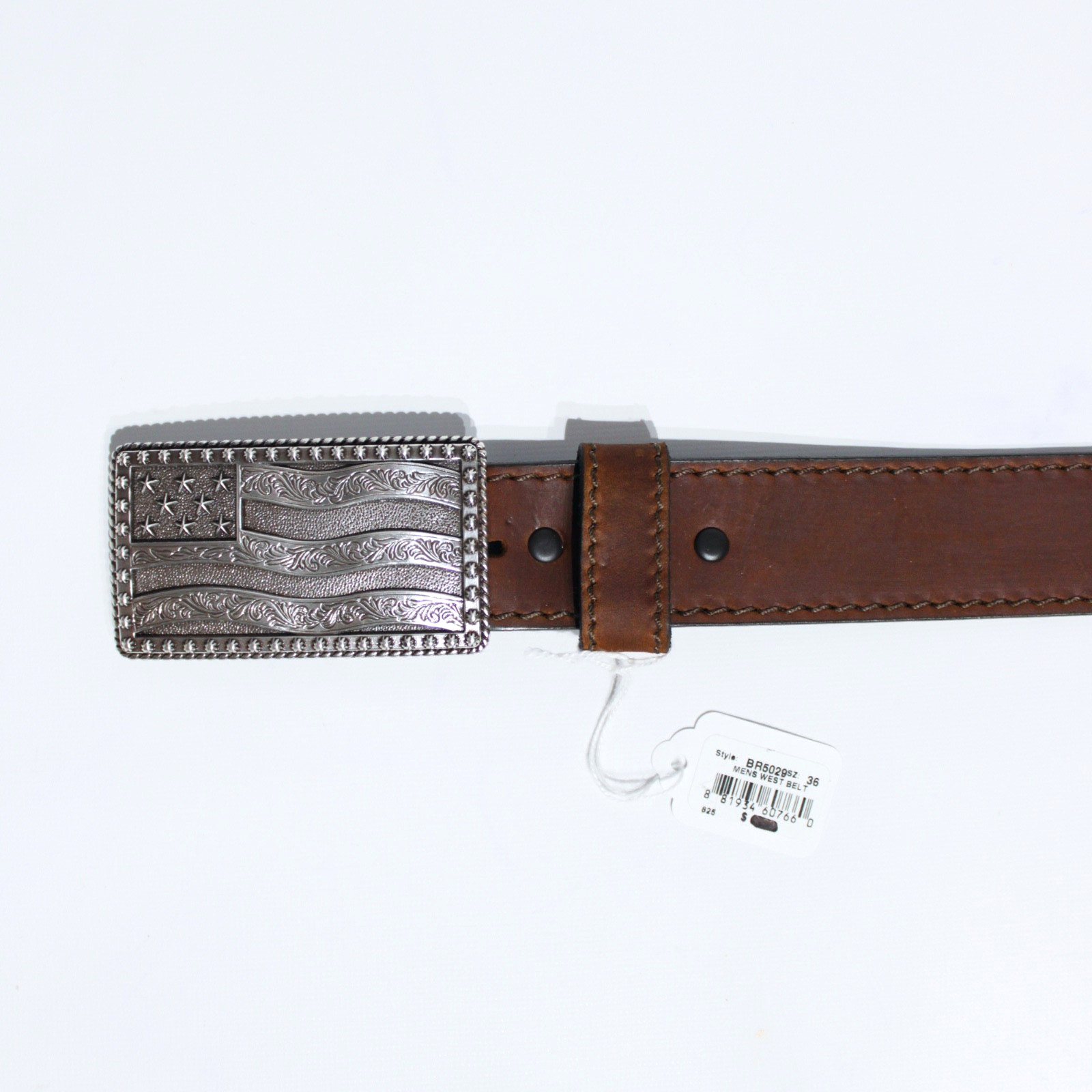 NWT Justin USA American Flag Brown Leather Western Belt Men Size 36 (45″ x 1.5″)