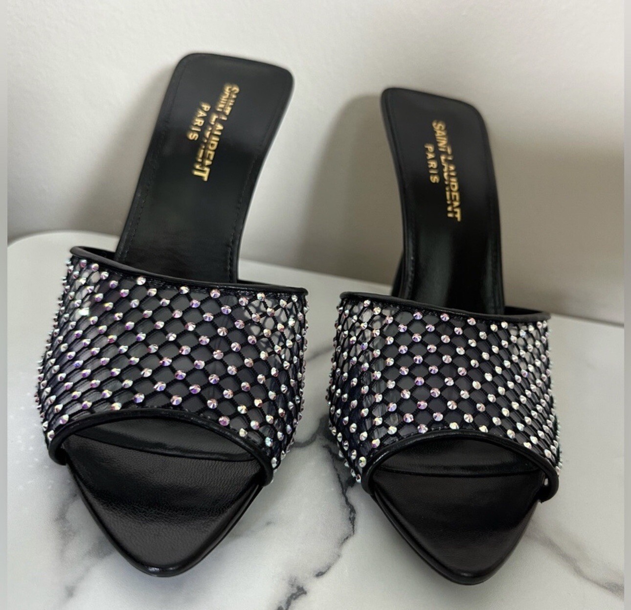 SAINT LAURENT Disco crystal-embellished mesh, PVC and leather mules