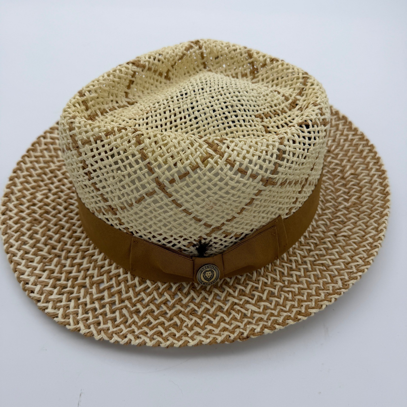 Bruno Capelo Enrico Collection Straw Fedora Hat Tan Cream Diamond Weave XL Mens