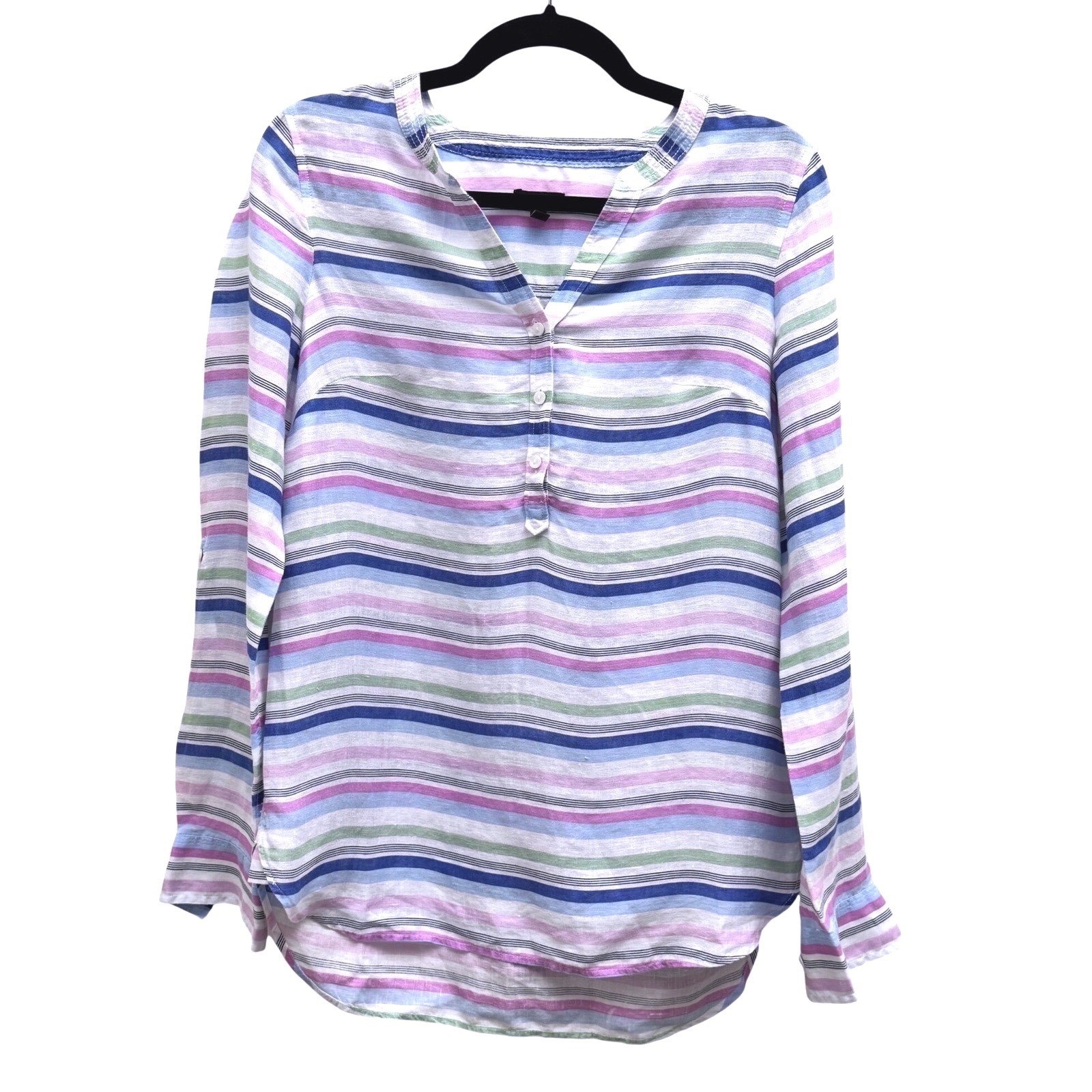 Talbots Linen Tunic Top Roll Tab Sleeve Multi Color Stripe Size XS Coastal